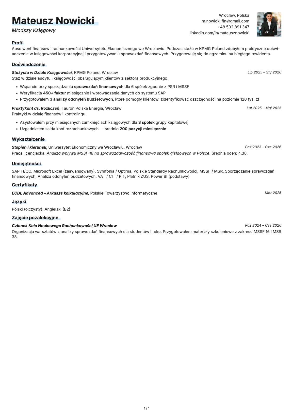 Mlodszy Ksiegowy resume example