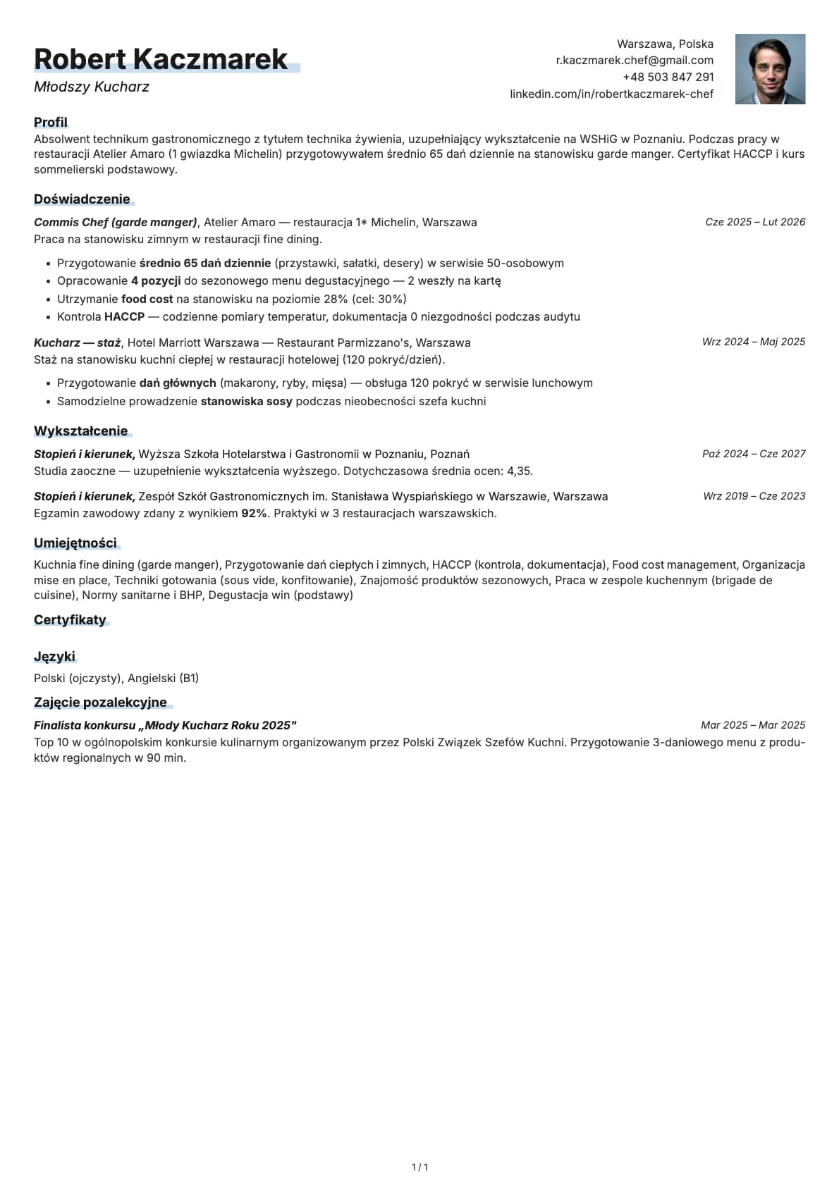 Mlodszy Kucharz resume example