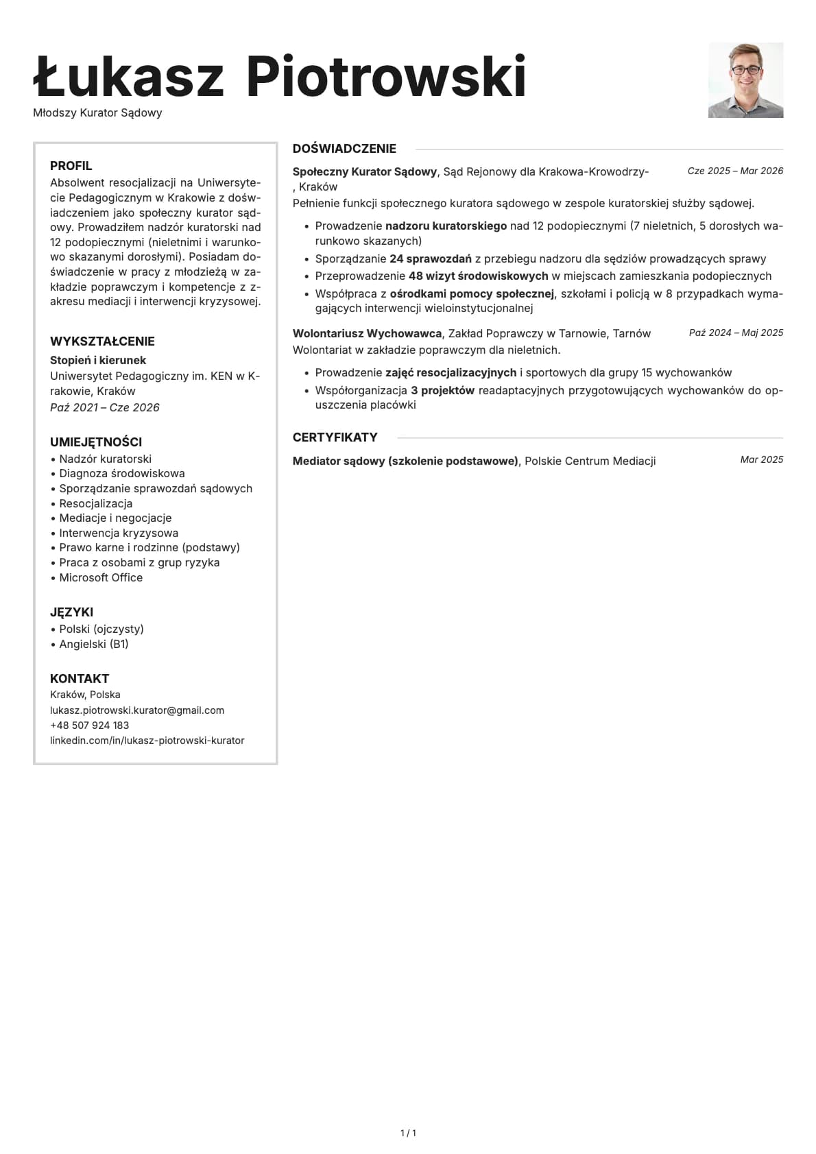 Mlodszy Kurator Sadowy resume example