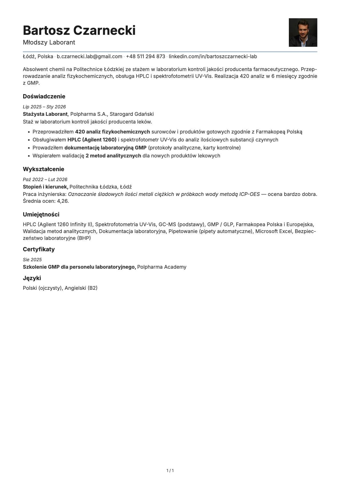 Mlodszy Laborant resume example