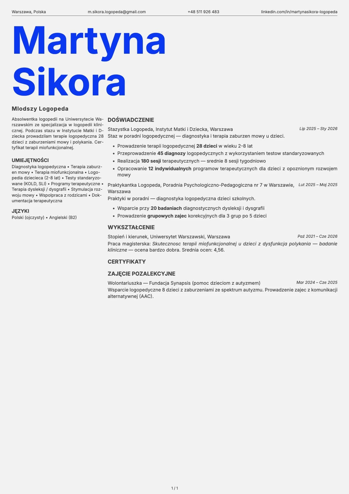 Mlodszy Logopeda resume example