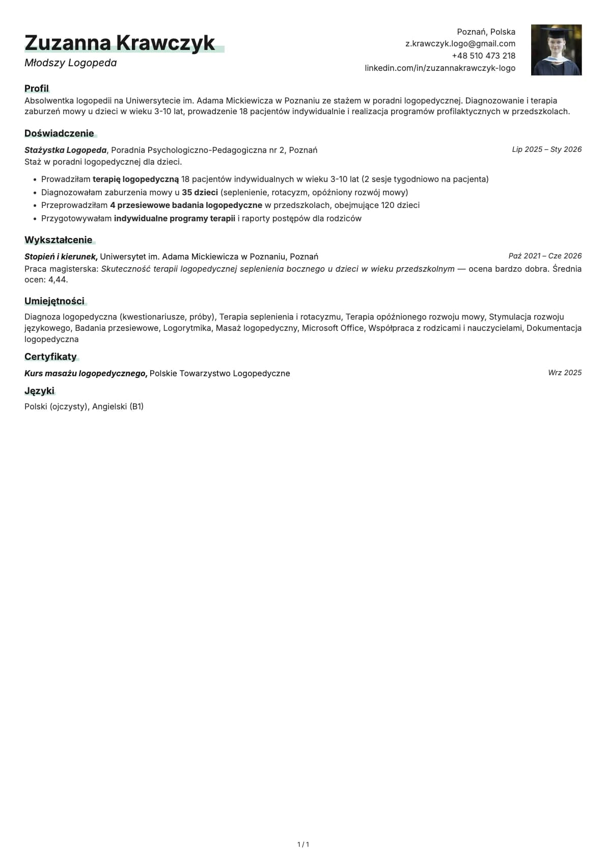Mlodszy Logopeda resume example