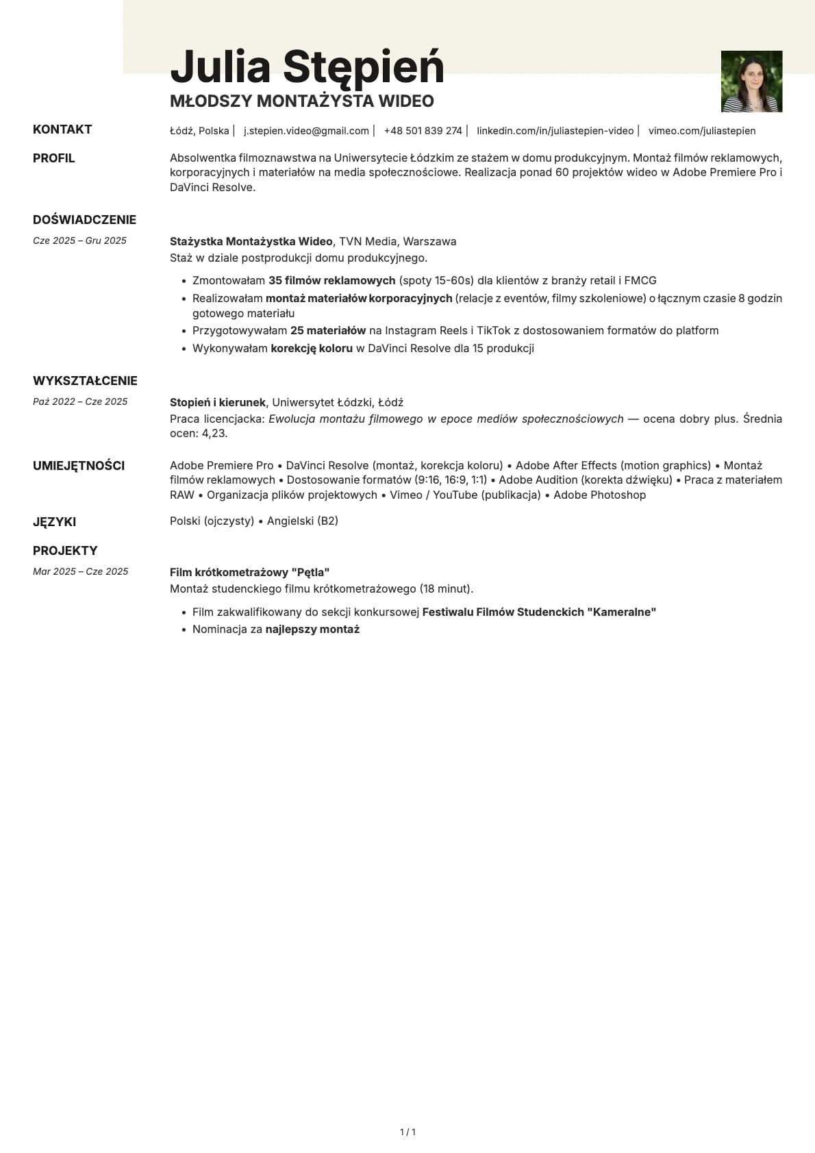 Mlodszy Montazysta Wideo resume example