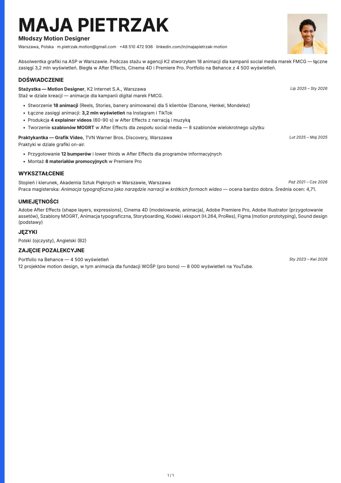 Mlodszy Motion Designer resume example