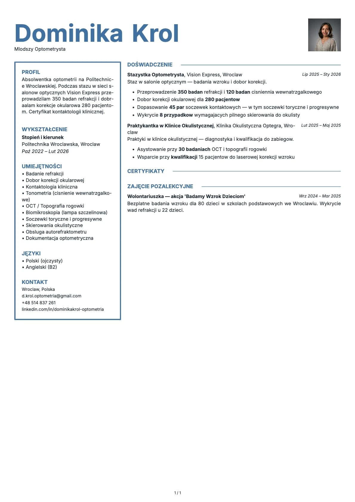 Mlodszy Optometrysta resume example