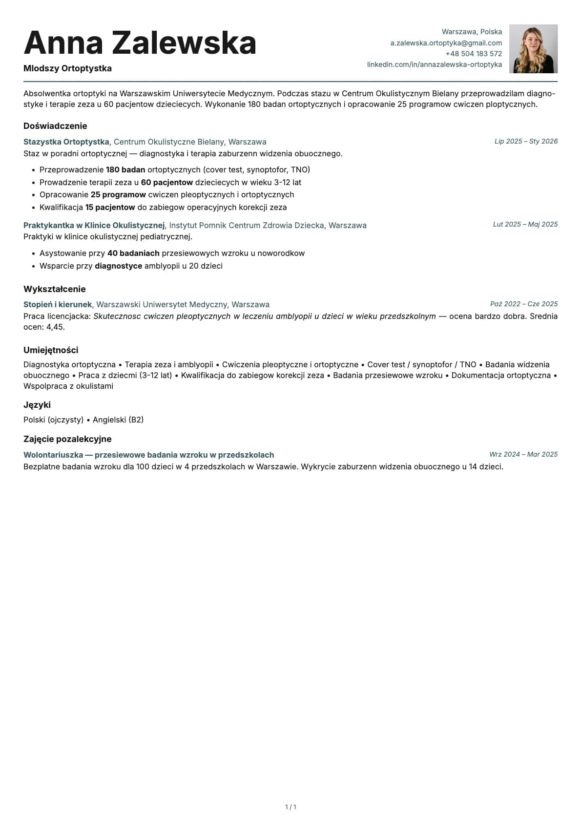 Mlodszy Ortoptystka resume example