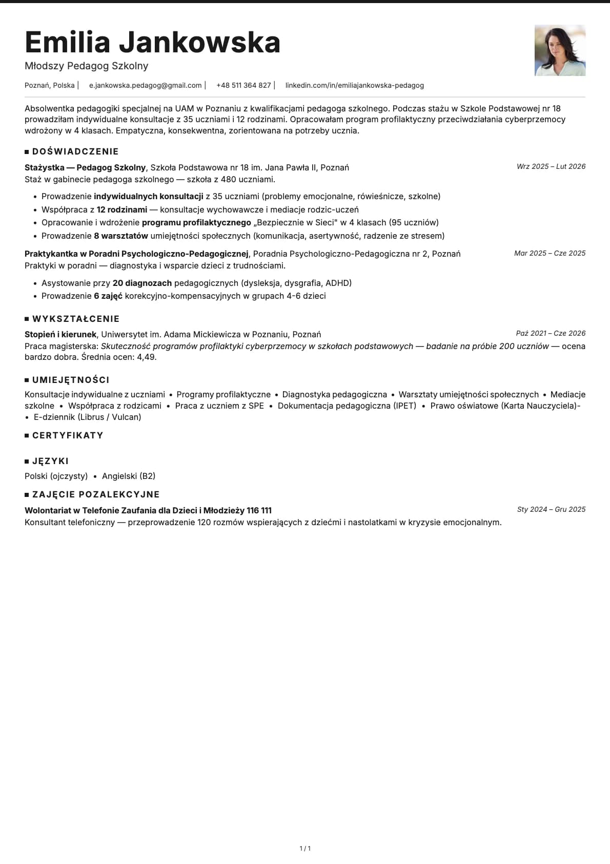 Mlodszy Pedagog Szkolny resume example