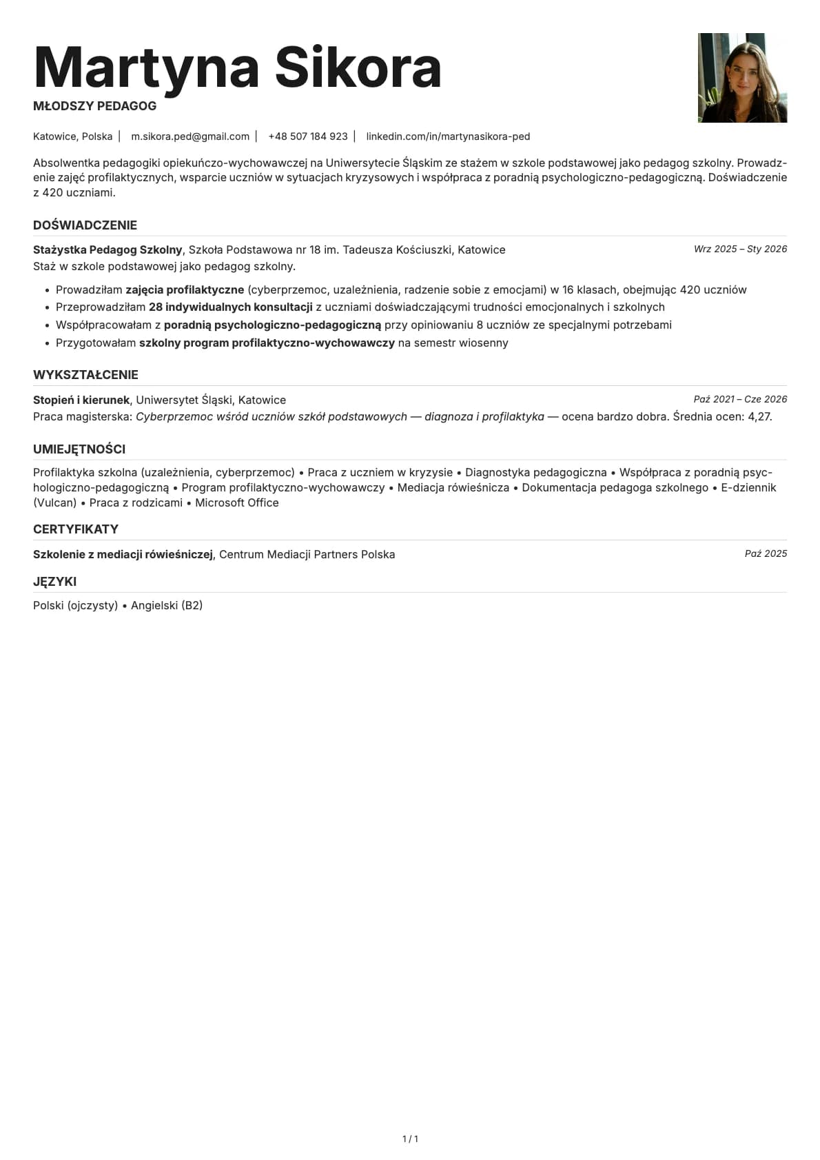 Mlodszy Pedagog resume example