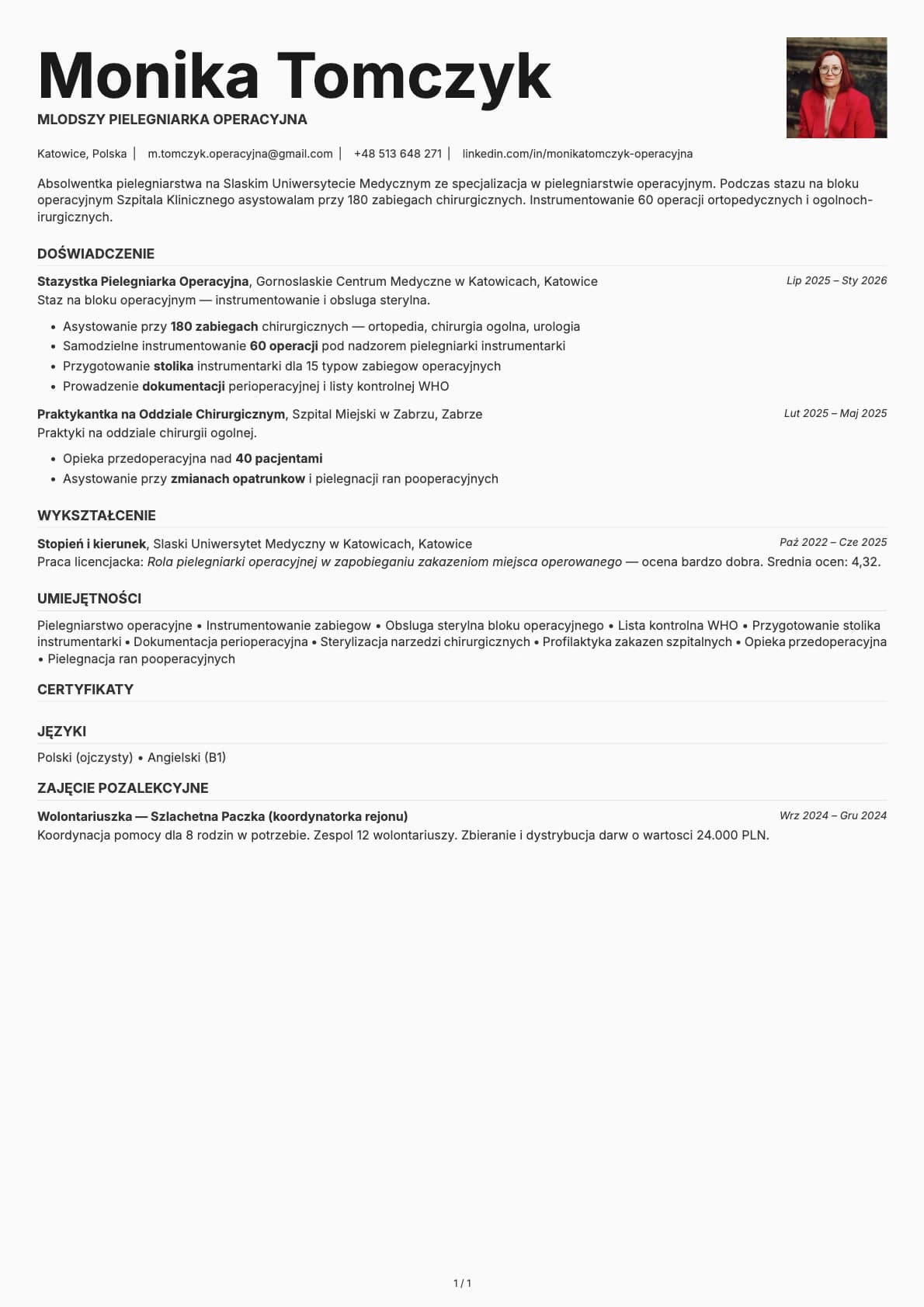 Mlodszy Pielegniarka Operacyjna resume example
