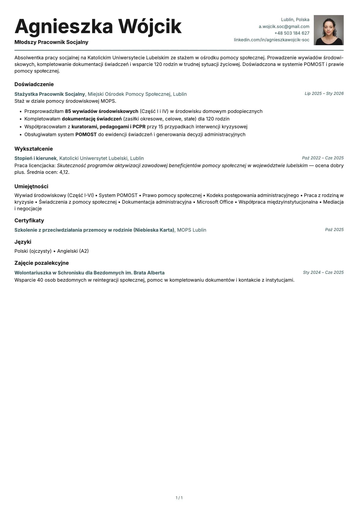 Mlodszy Pracownik Socjalny resume example