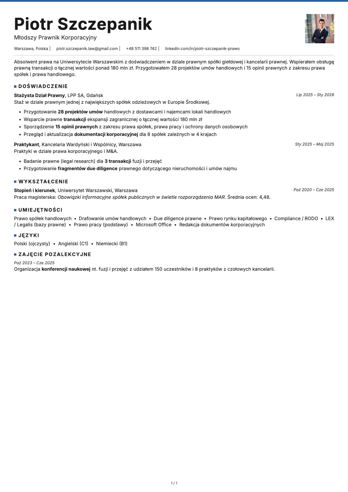 Mlodszy Prawnik Korporacyjny resume example
