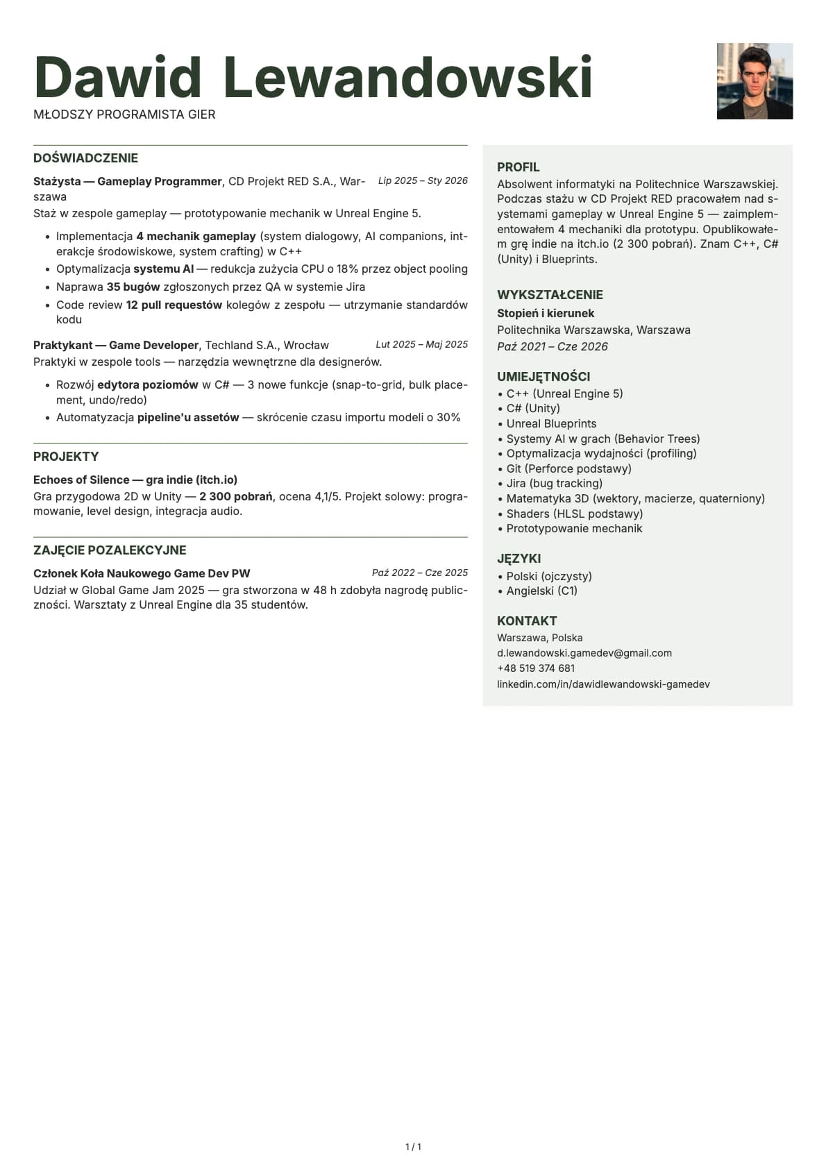 Mlodszy Programista Gier resume example