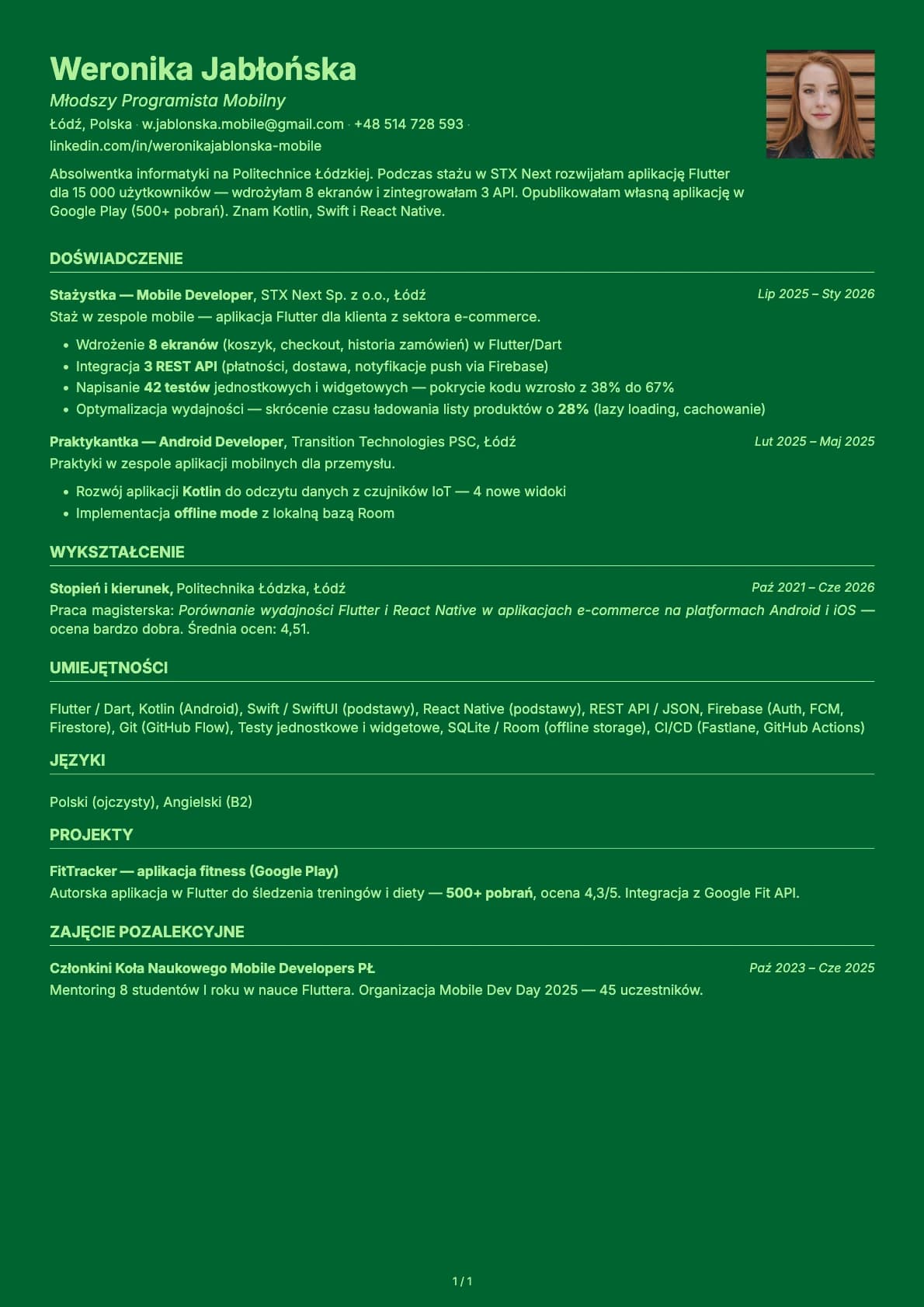 Mlodszy Programista Mobilny resume example