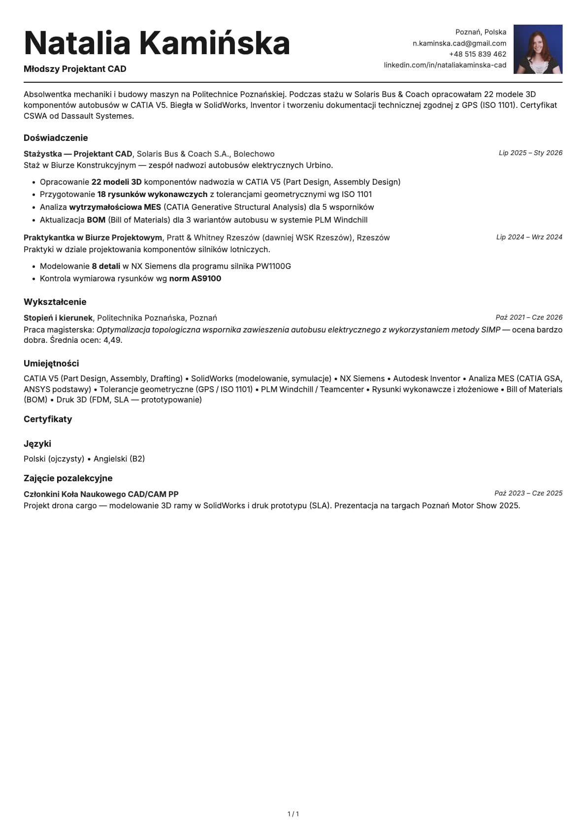 Mlodszy Projektant CAD resume example
