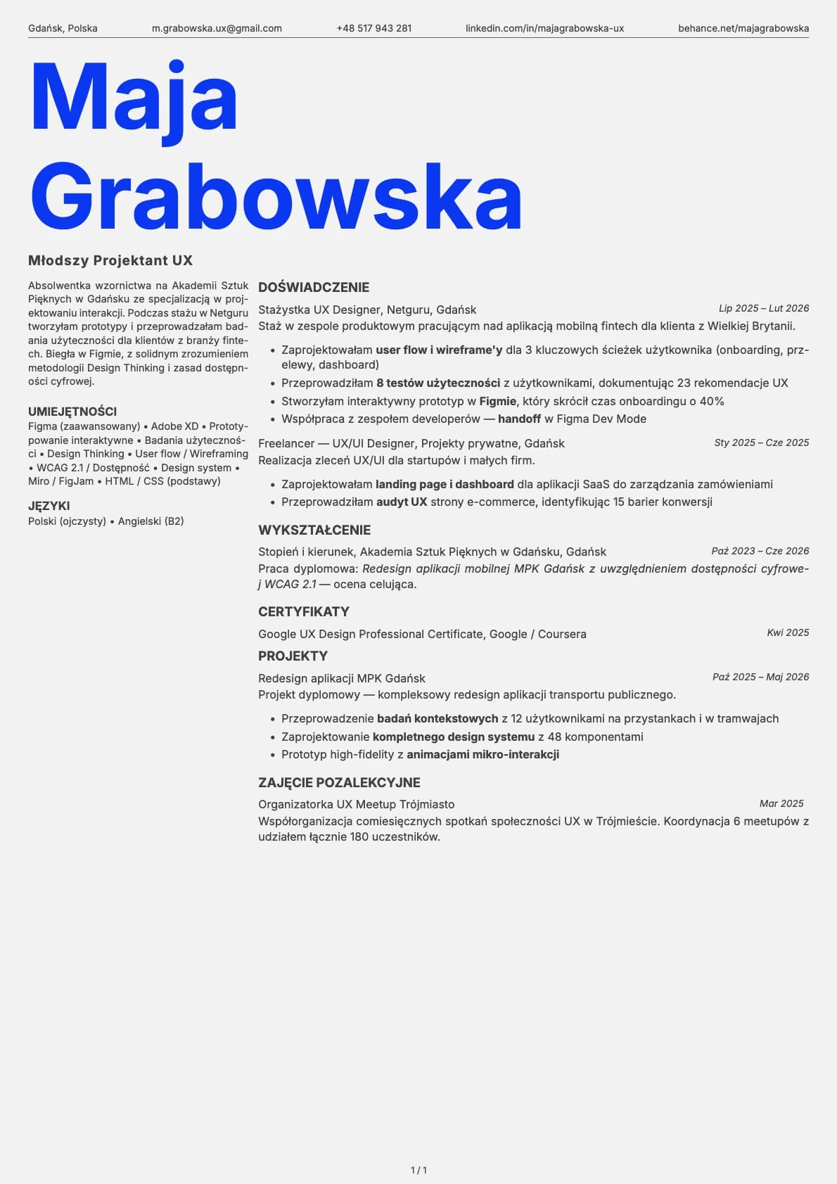 Mlodszy Projektant UX resume example