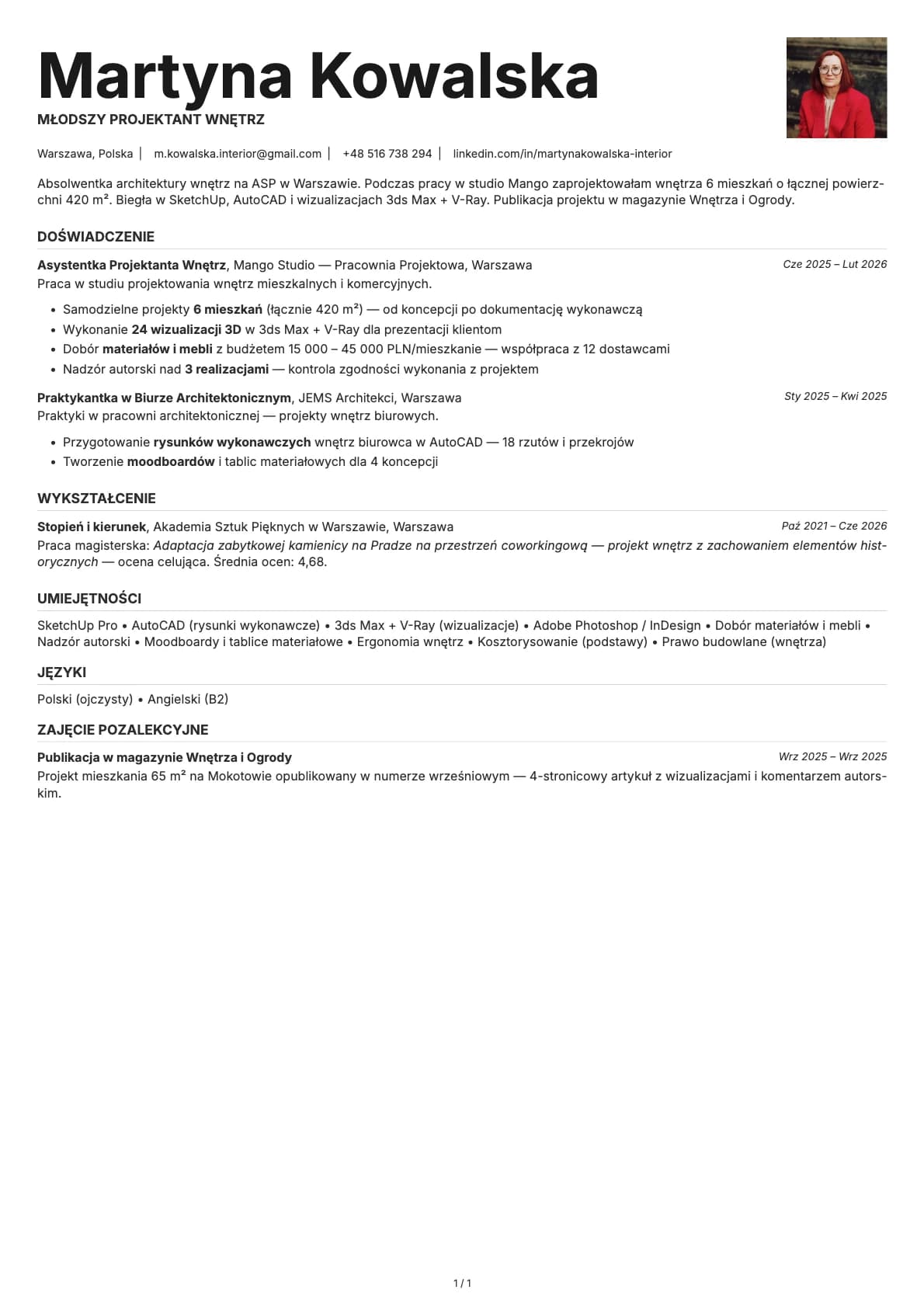 Mlodszy Projektant Wnetrz resume example