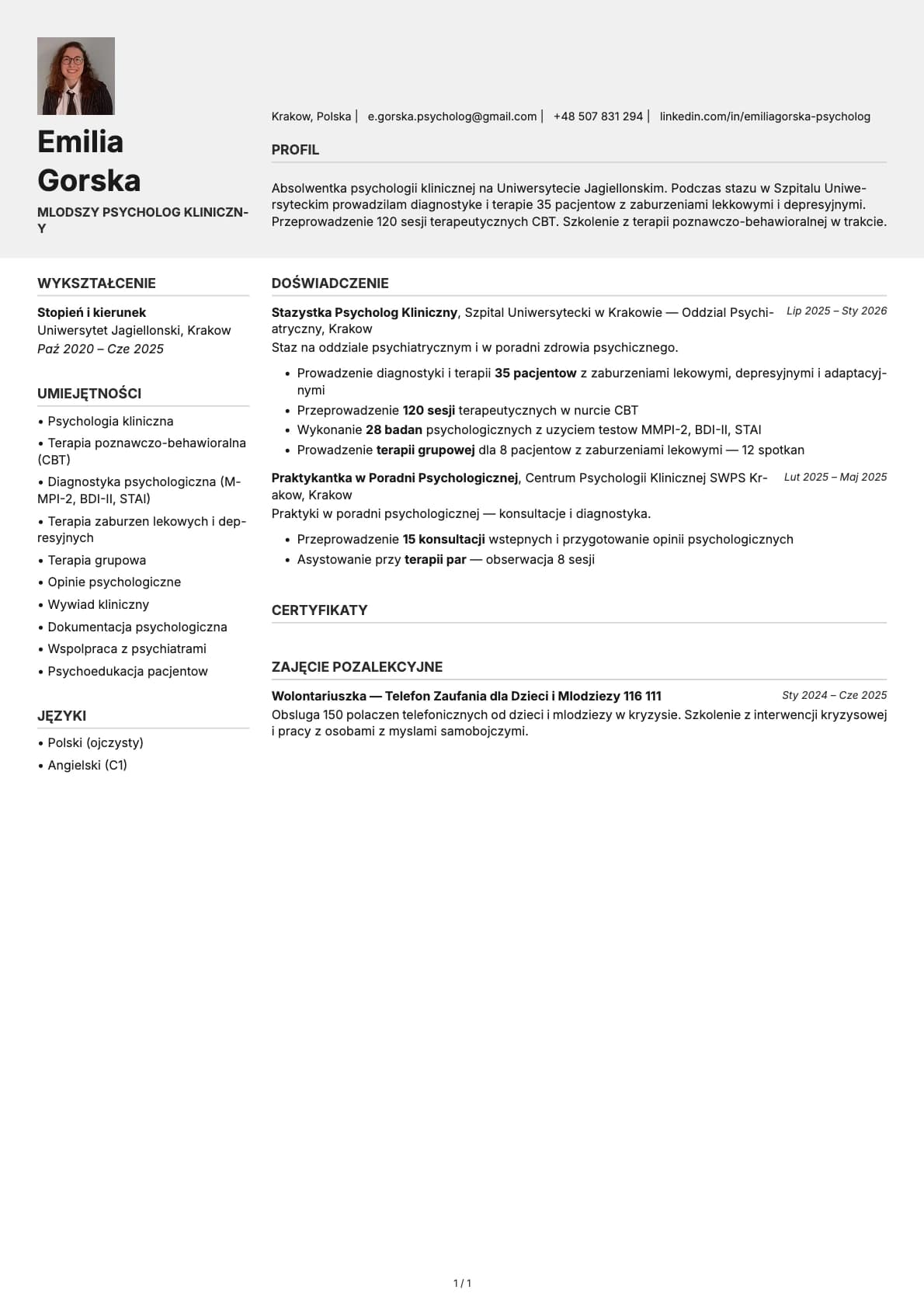 Mlodszy Psycholog Kliniczny resume example