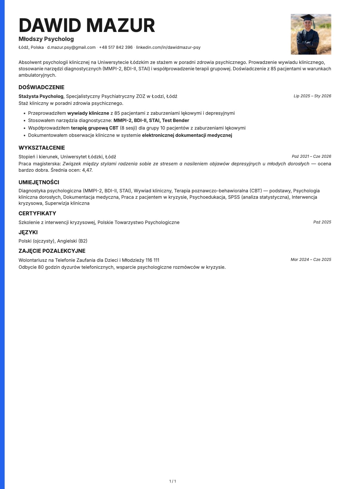 Mlodszy Psycholog resume example