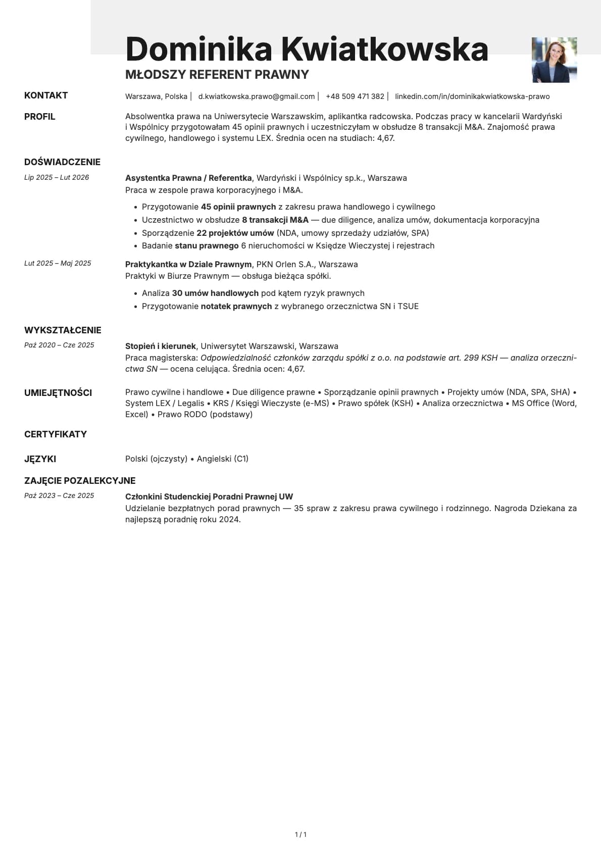 Mlodszy Referent Prawny resume example