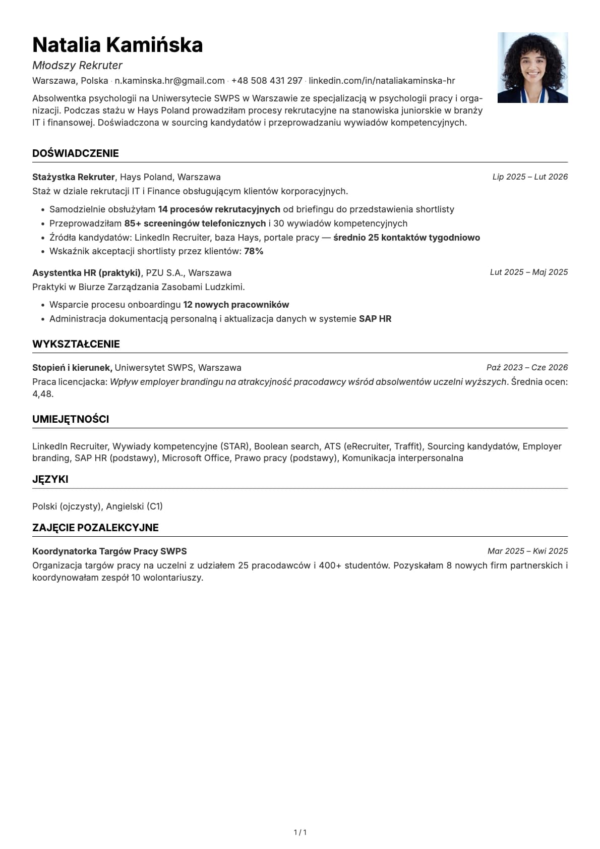 Mlodszy Rekruter resume example