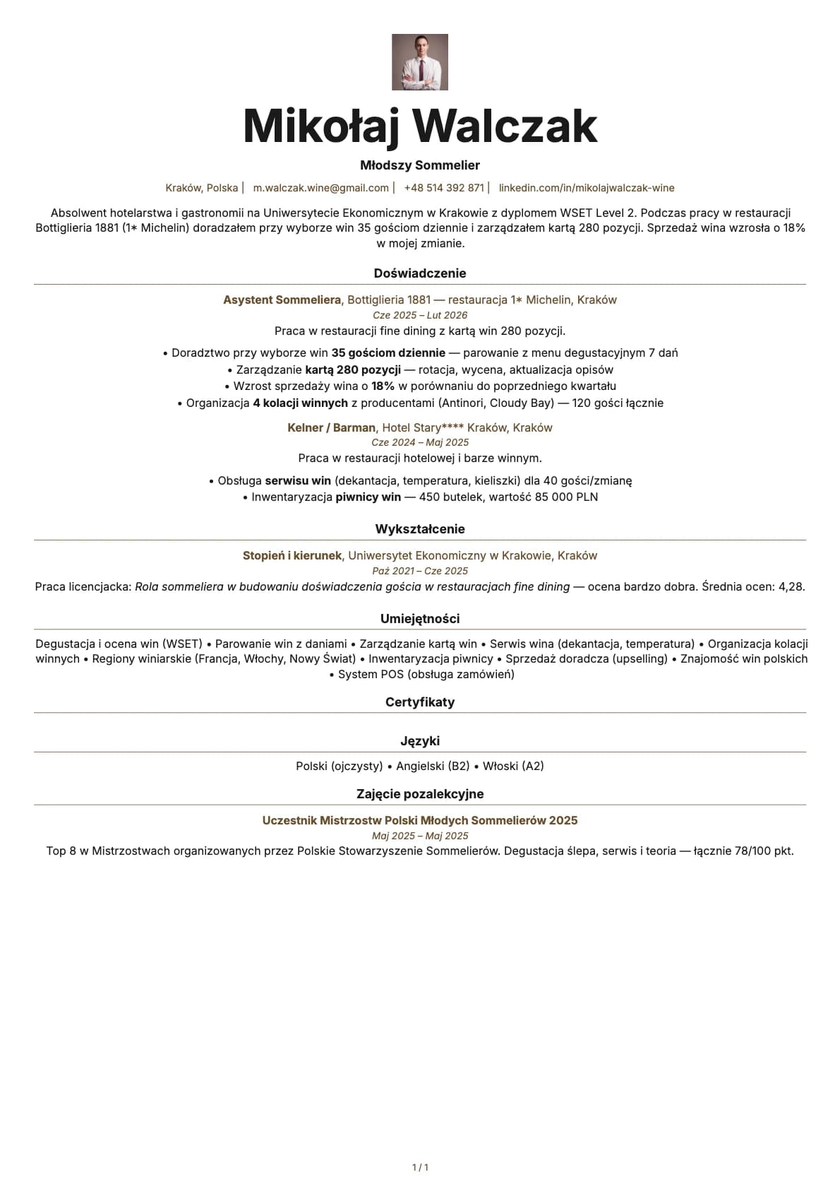 Mlodszy Sommelier resume example