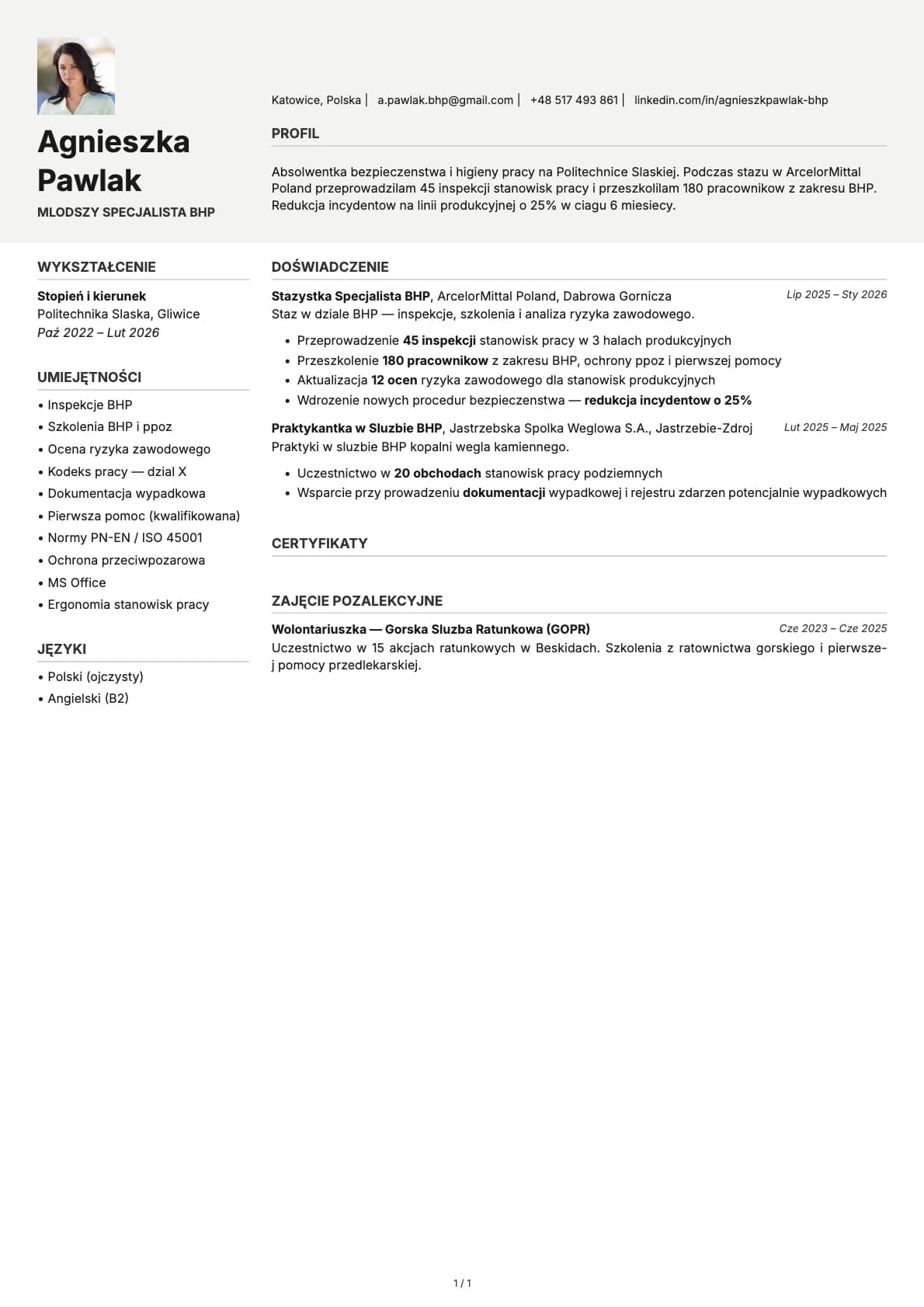 Mlodszy Specjalista BHP resume example