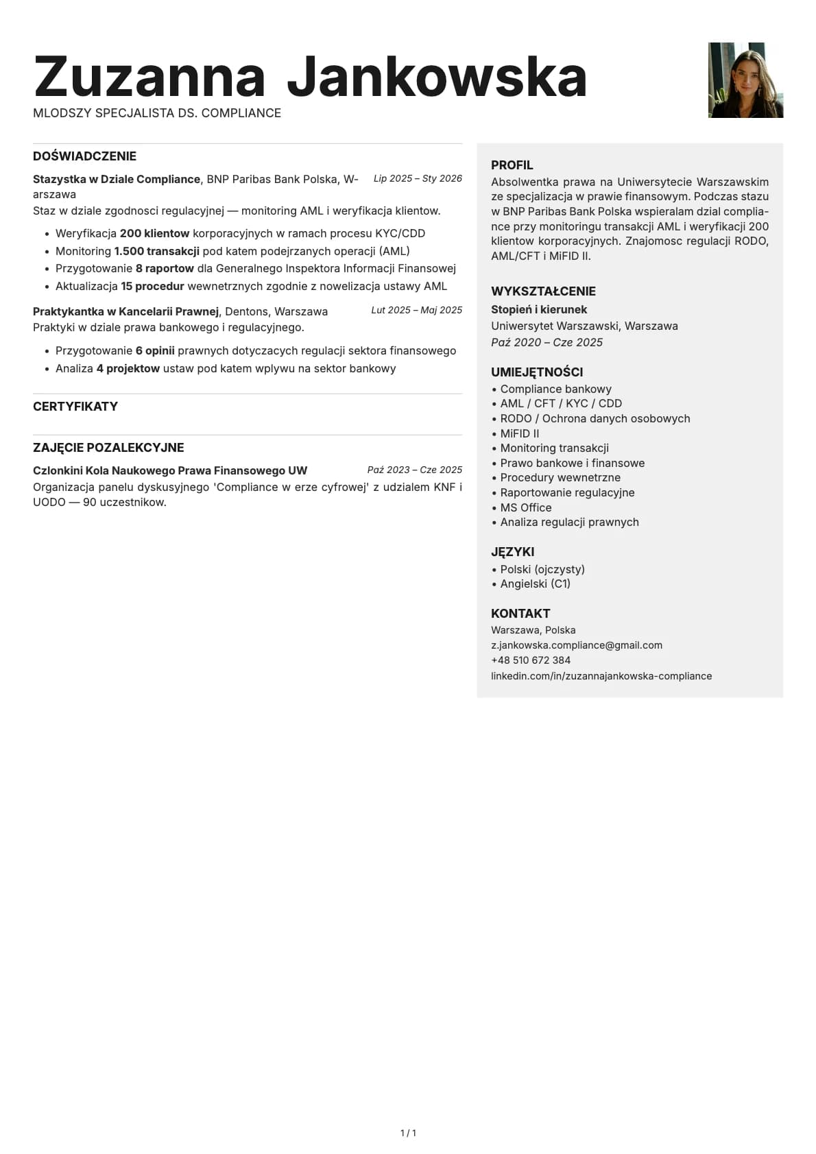 Mlodszy Specjalista ds. Compliance resume example