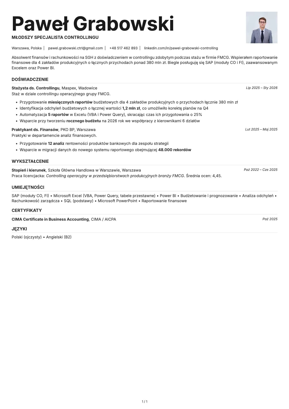 Mlodszy Specjalista Controllingu resume example