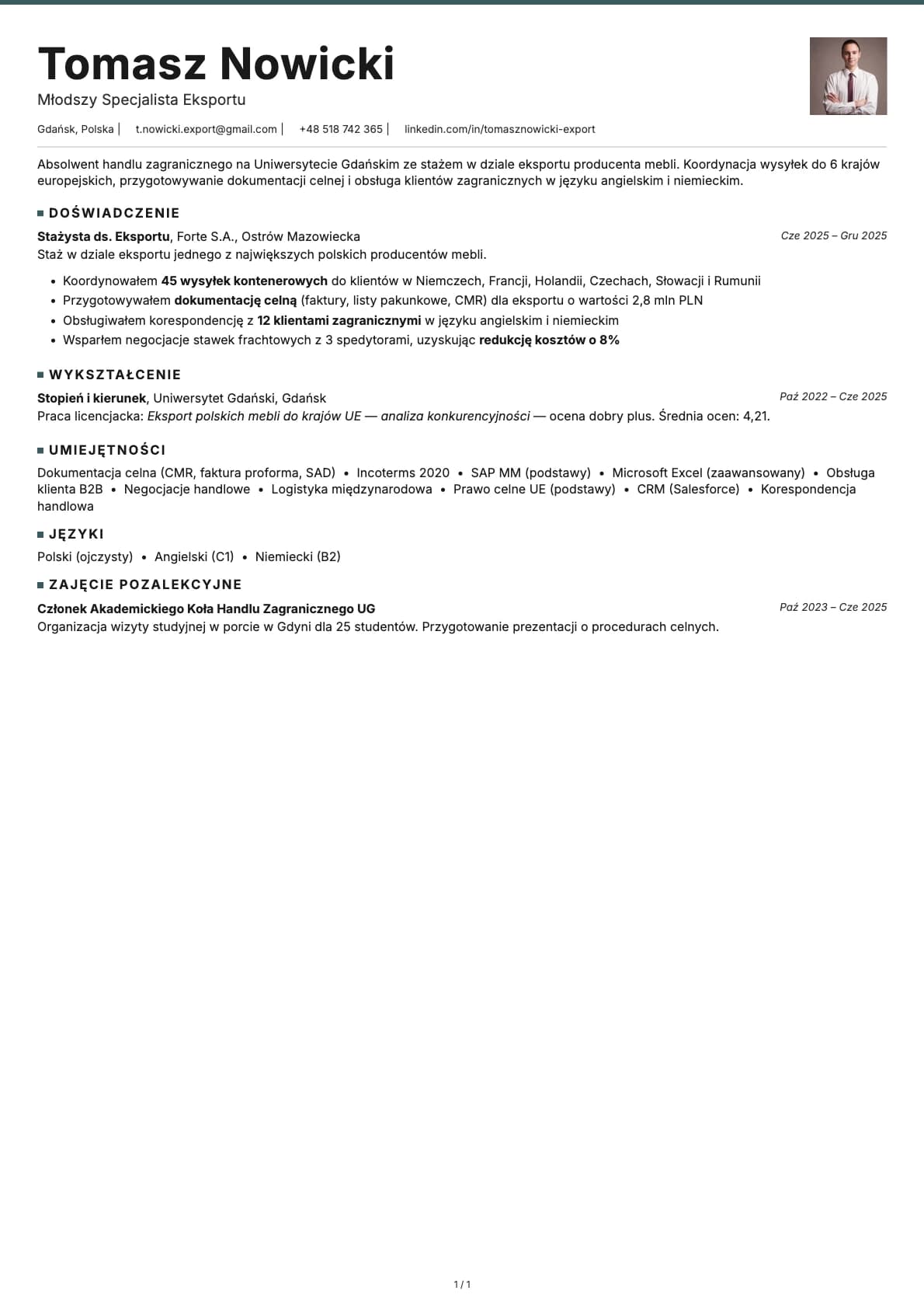 Mlodszy Specjalista Eksportu resume example