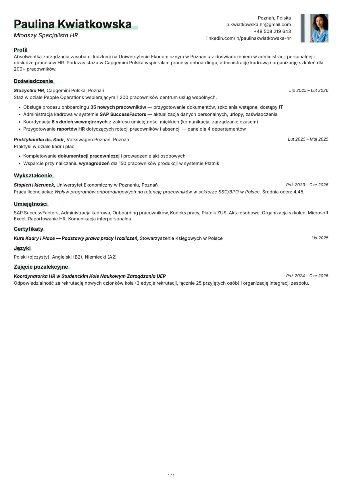 Mlodszy Specjalista HR resume example