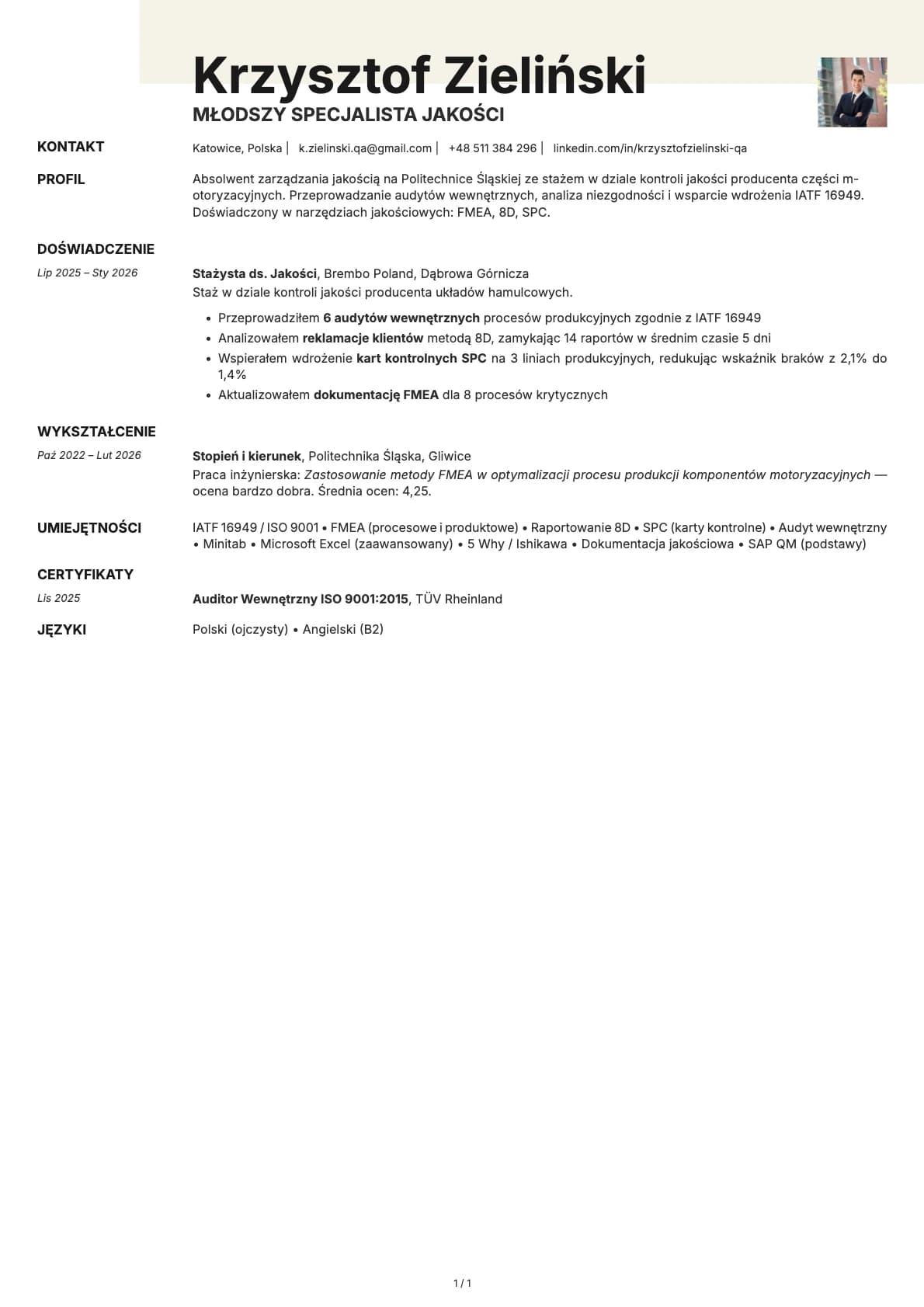 Mlodszy Specjalista Jakosci resume example