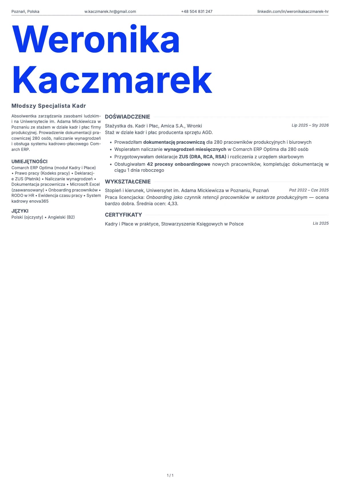 Mlodszy Specjalista Kadr resume example