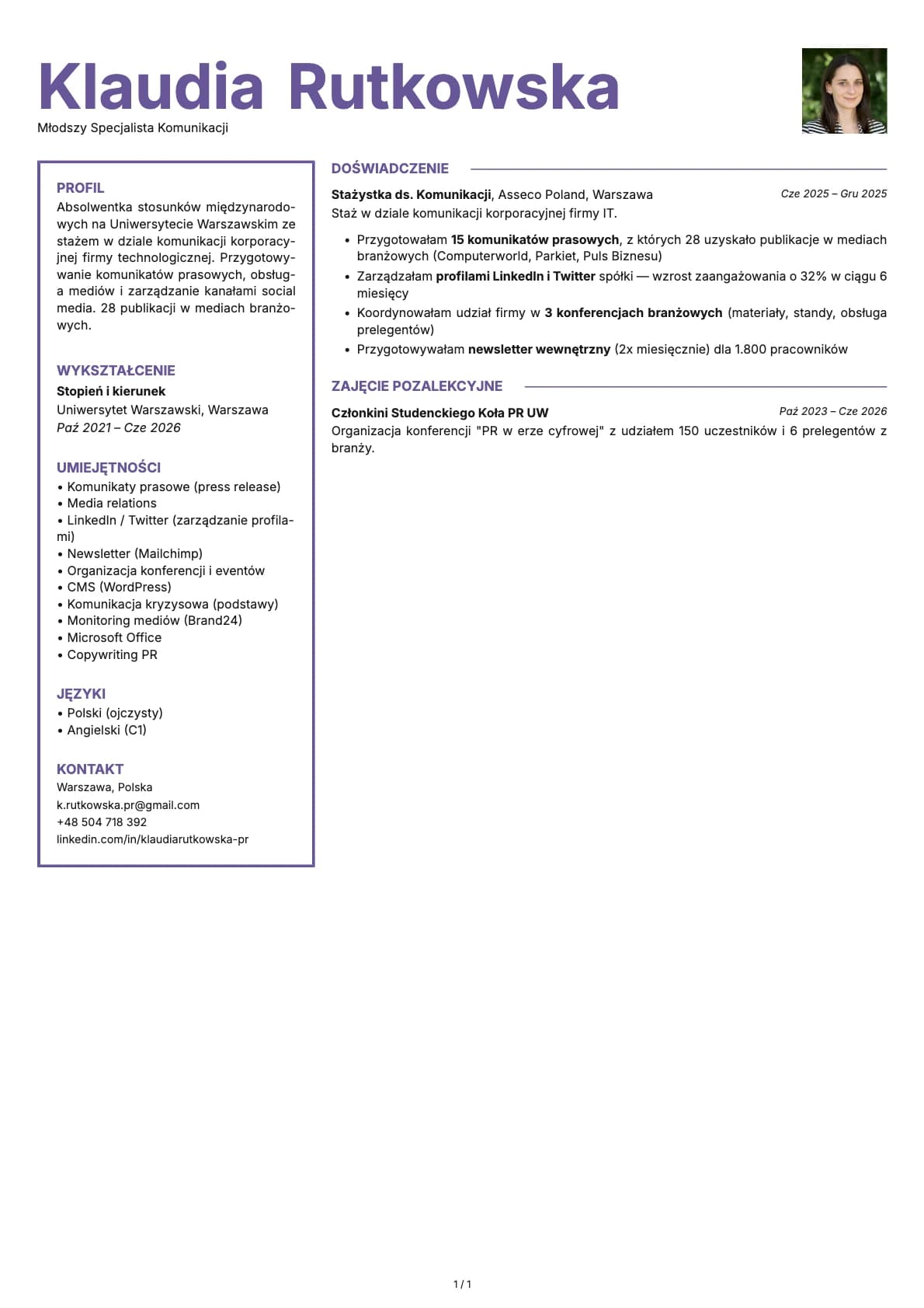 Mlodszy Specjalista Komunikacji resume example