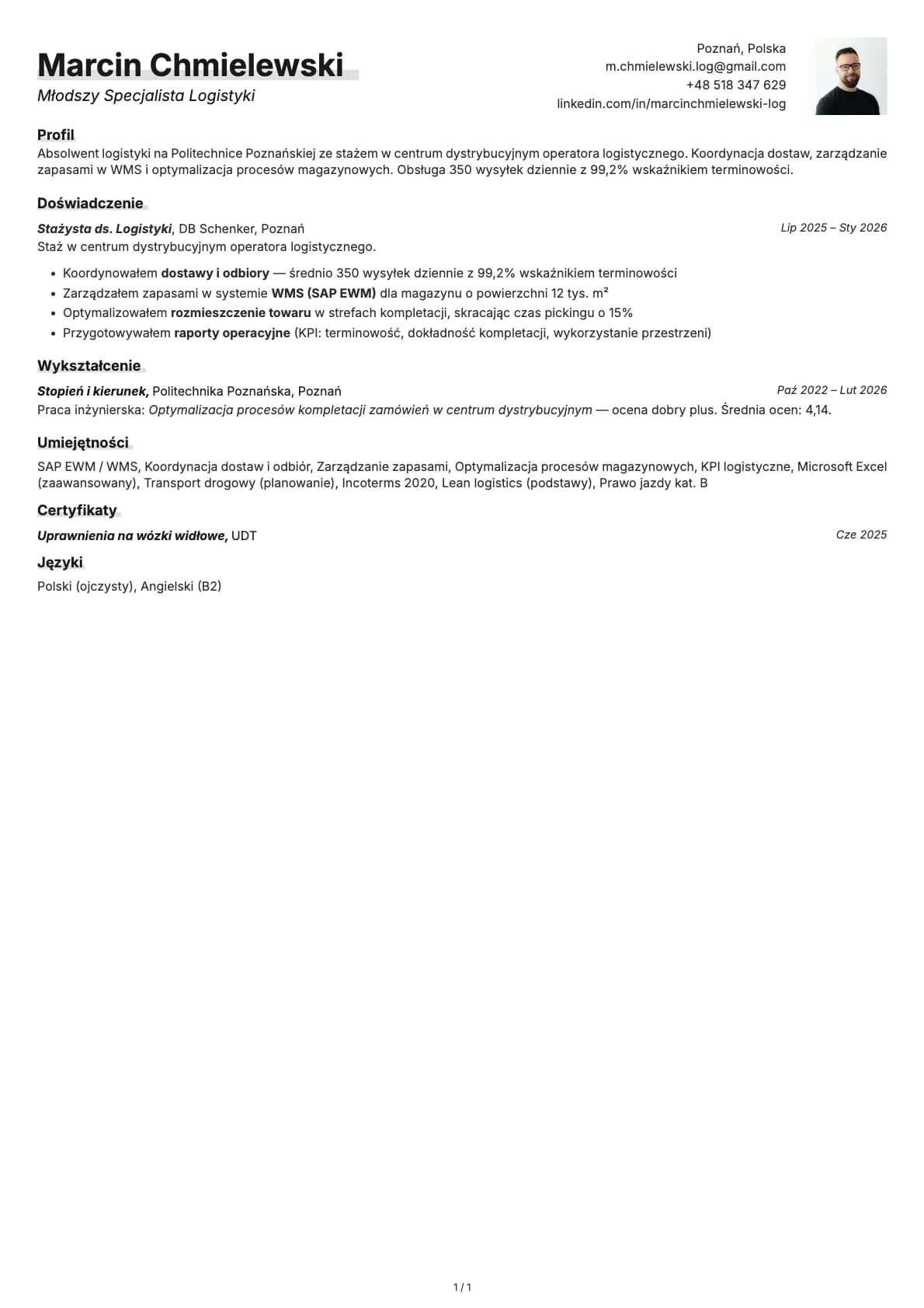 Mlodszy Specjalista Logistyki resume example
