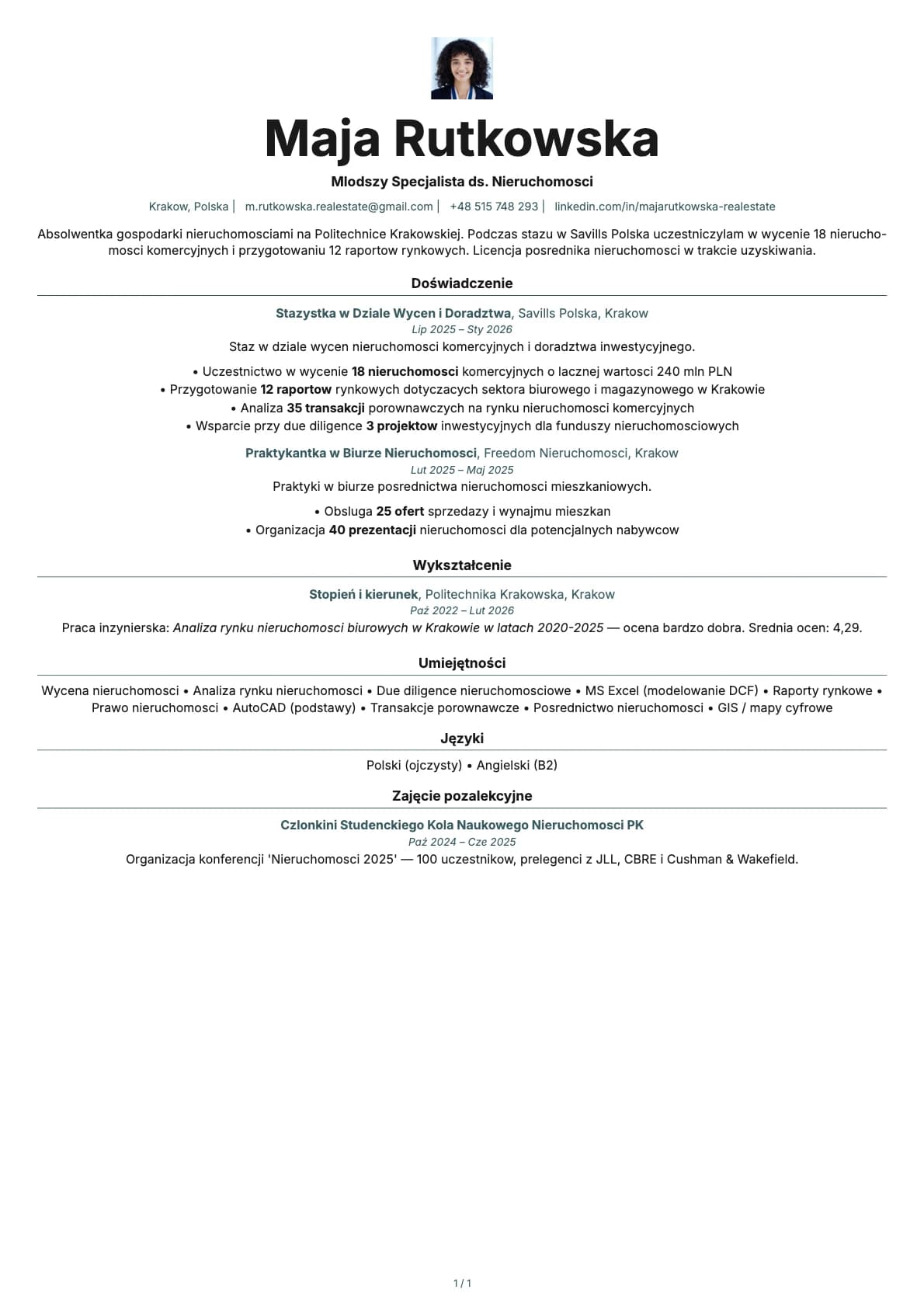 Mlodszy Specjalista ds. Nieruchomosci resume example