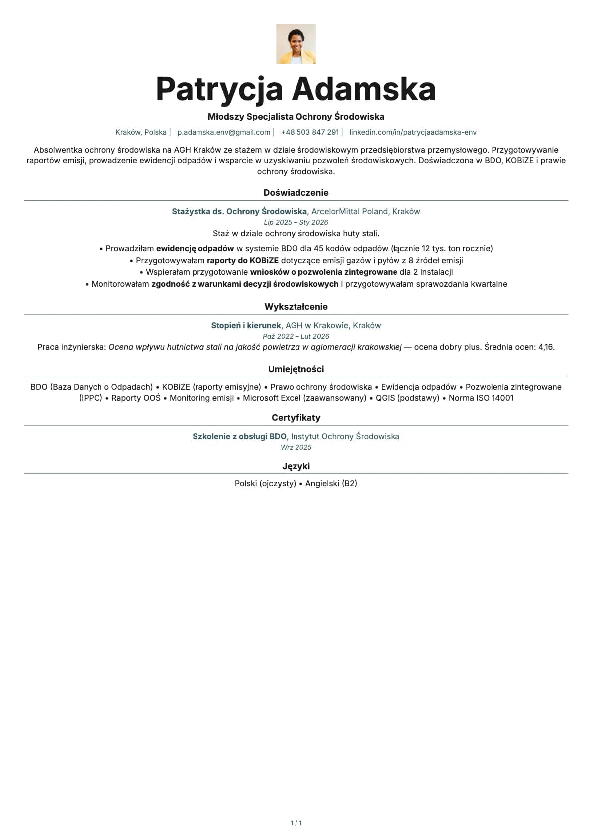 Mlodszy Specjalista Ochrony Srodowiska resume example