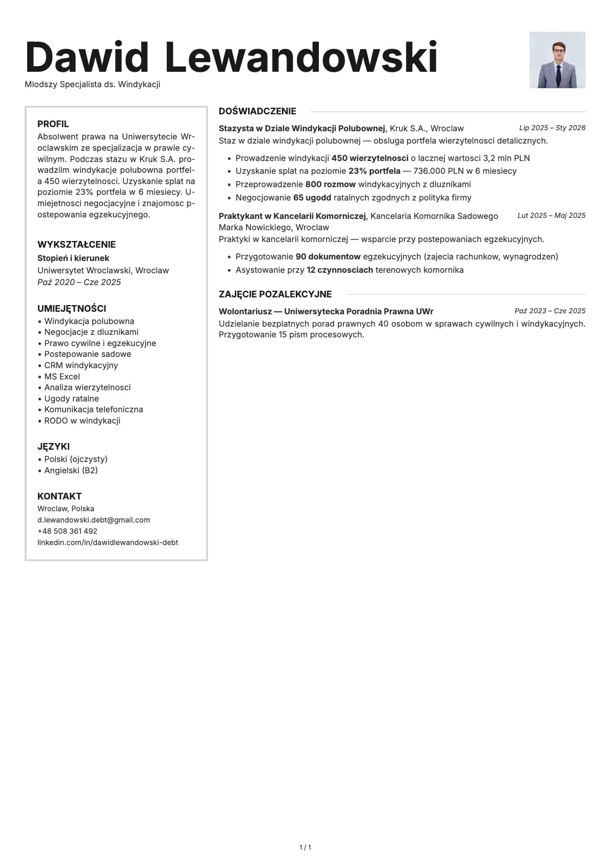 Mlodszy Specjalista ds. Windykacji resume example