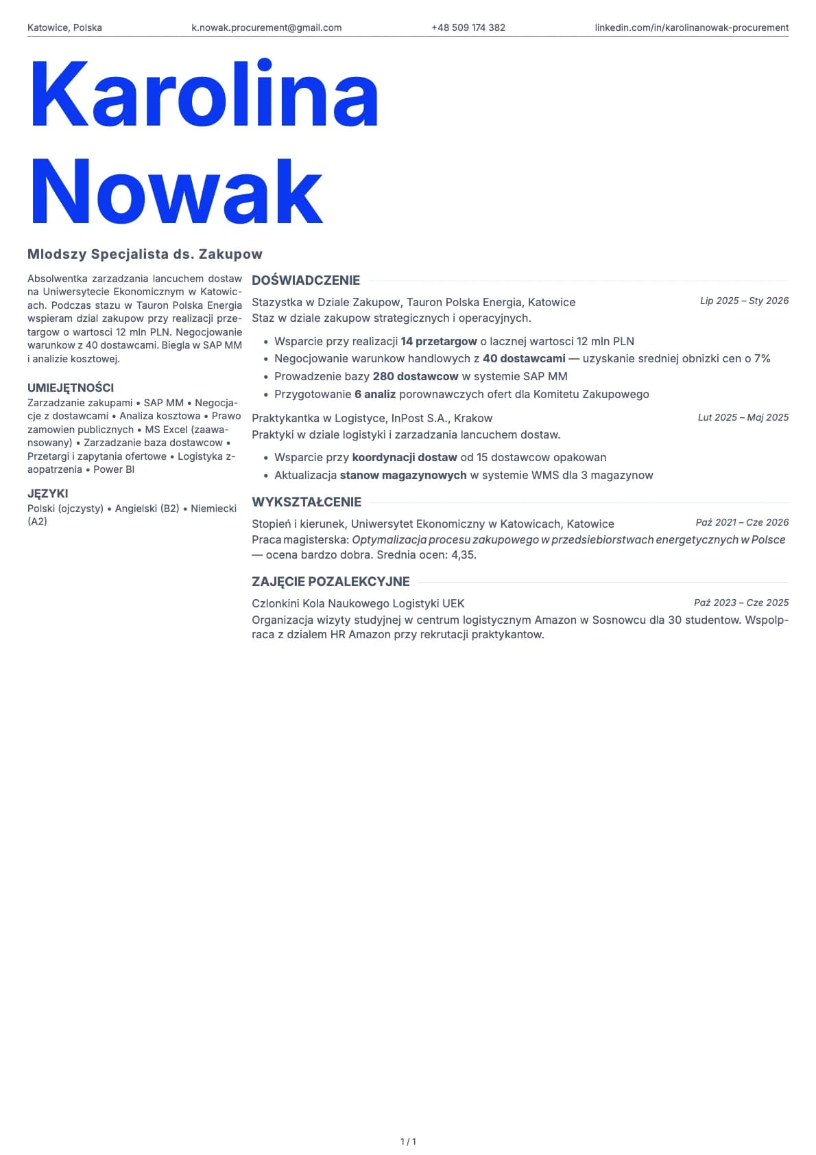 Mlodszy Specjalista ds. Zakupow resume example