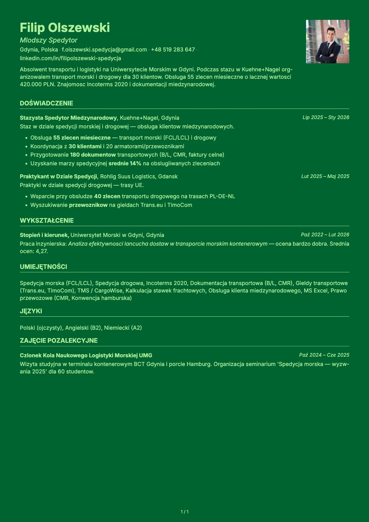 Mlodszy Spedytor resume example