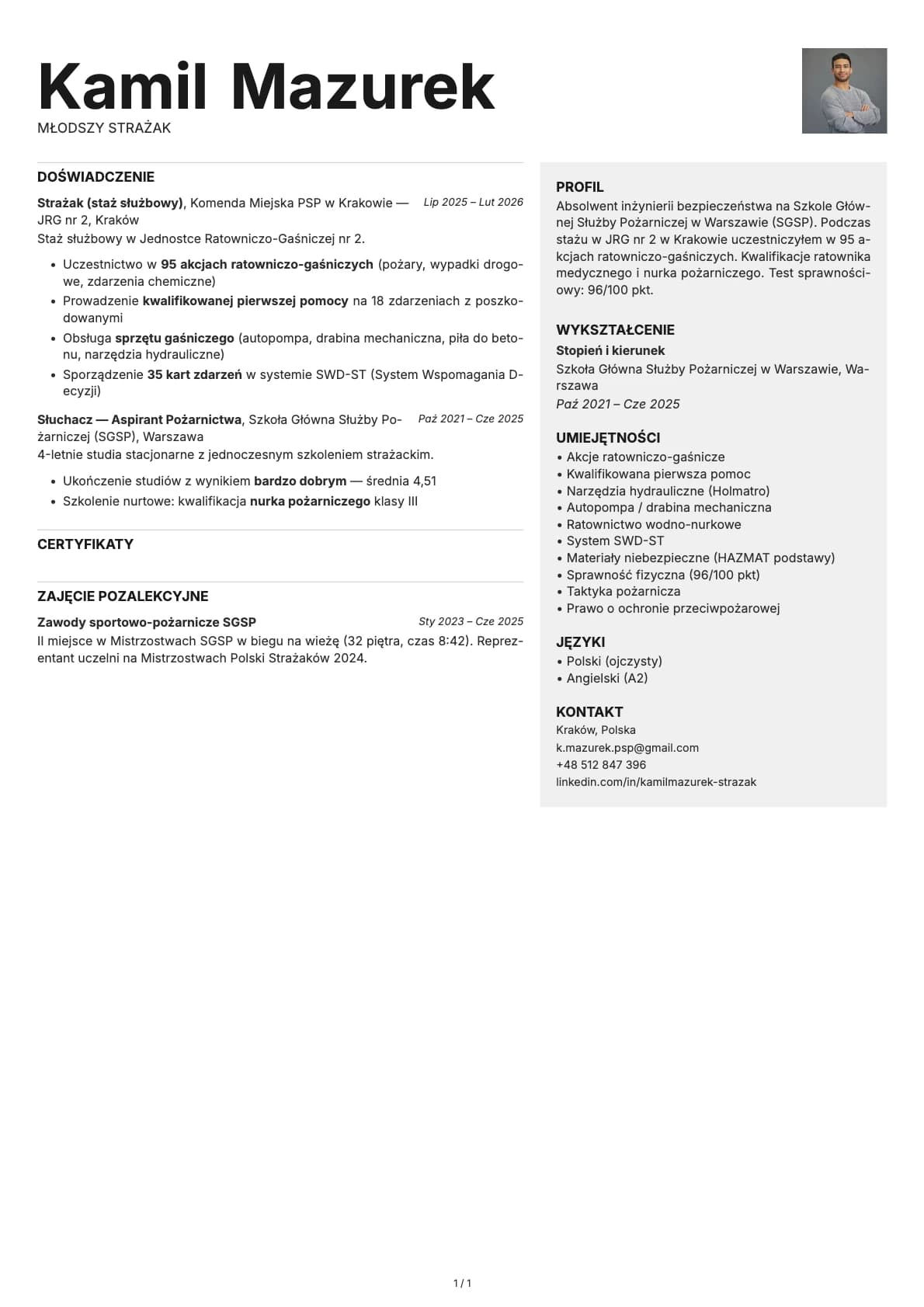 Mlodszy Strazak resume example