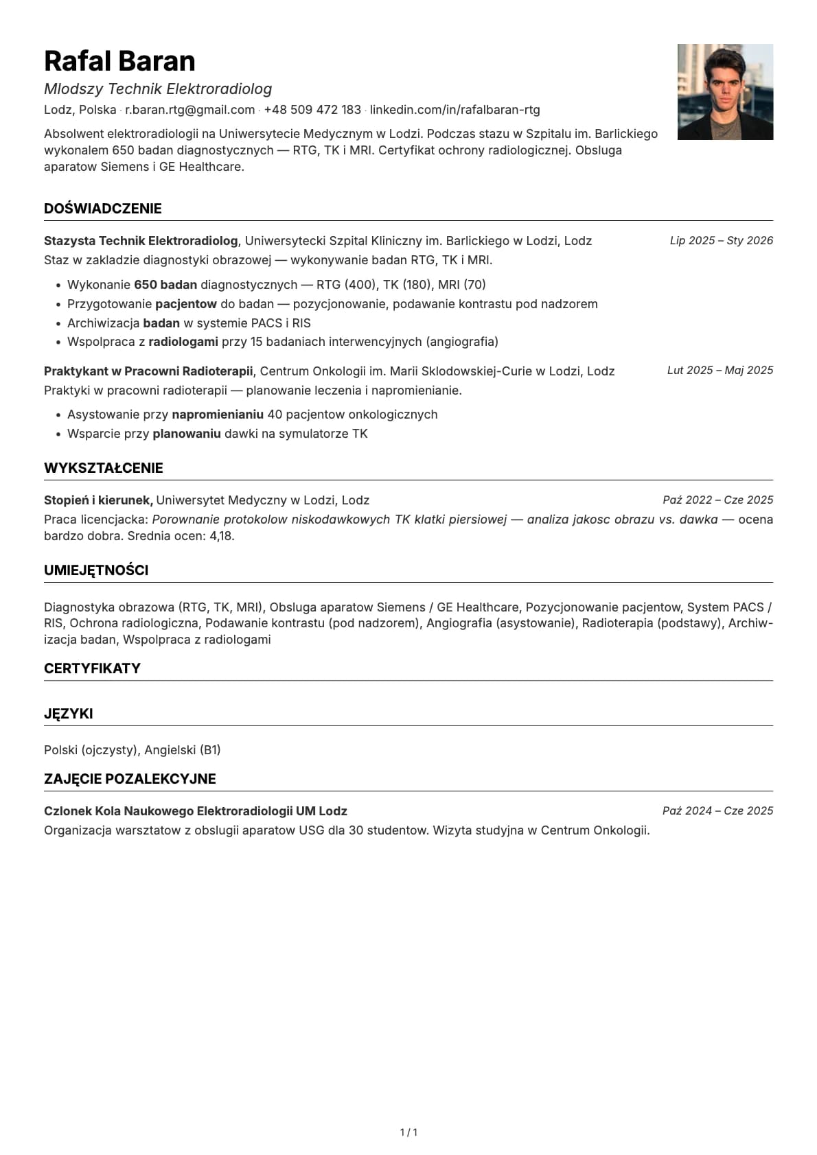 Mlodszy Technik Elektroradiolog resume example