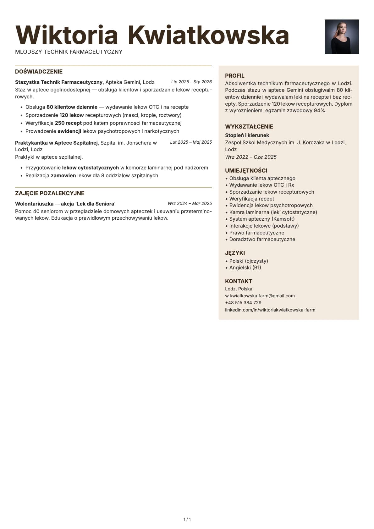 Mlodszy Technik Farmaceutyczny resume example