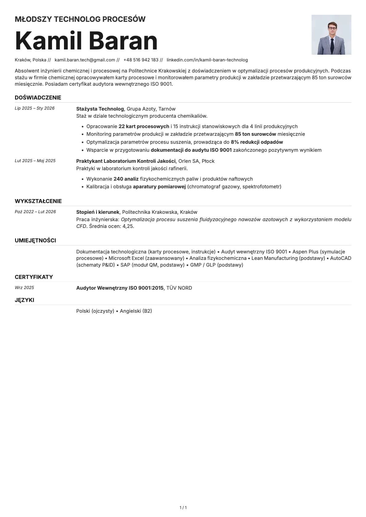 Mlodszy Technolog Procesow resume example