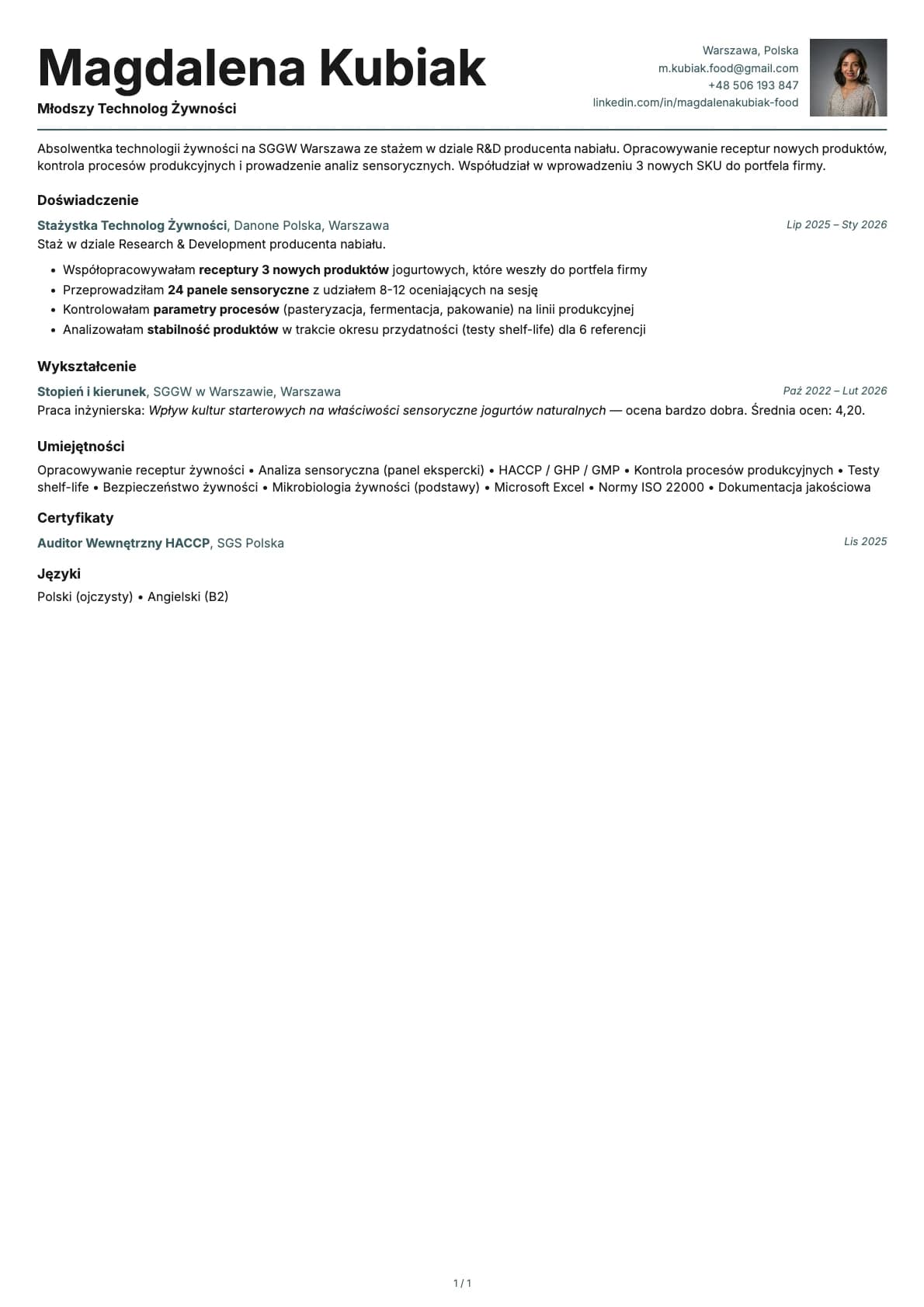 Mlodszy Technolog Zywnosci resume example