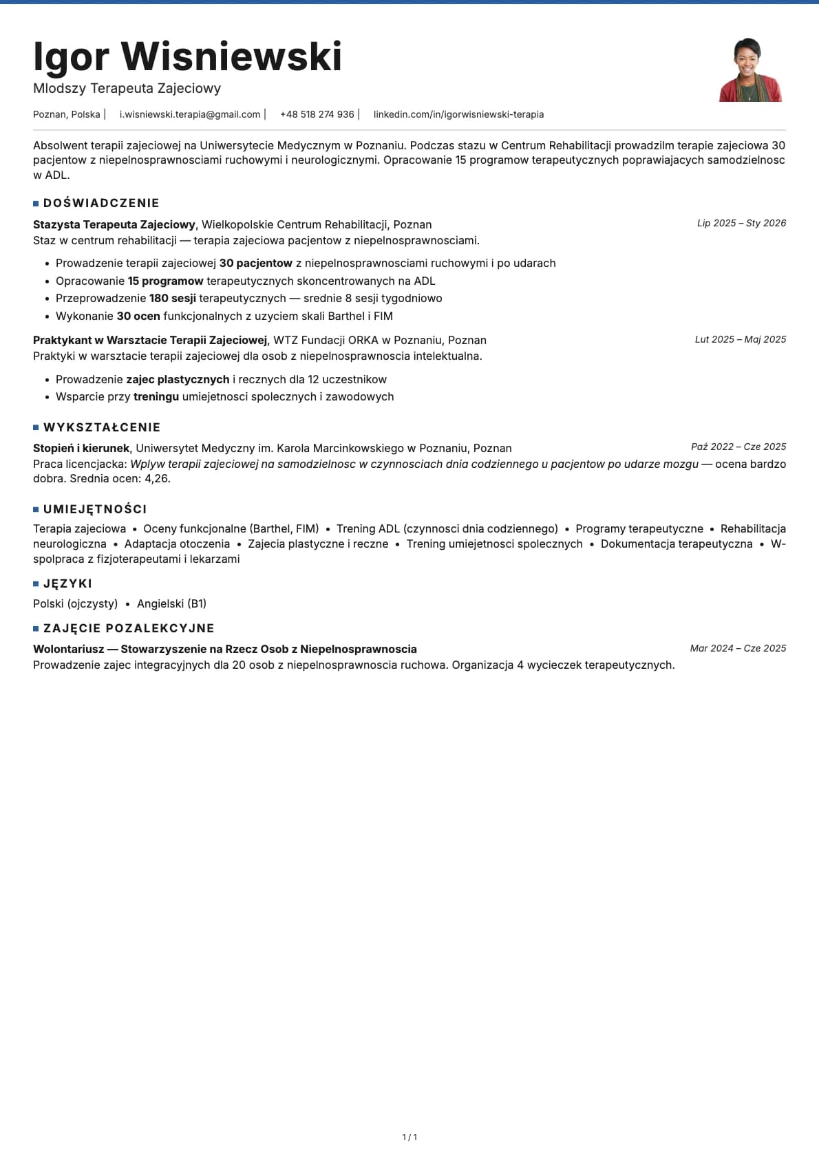 Mlodszy Terapeuta Zajeciowy resume example