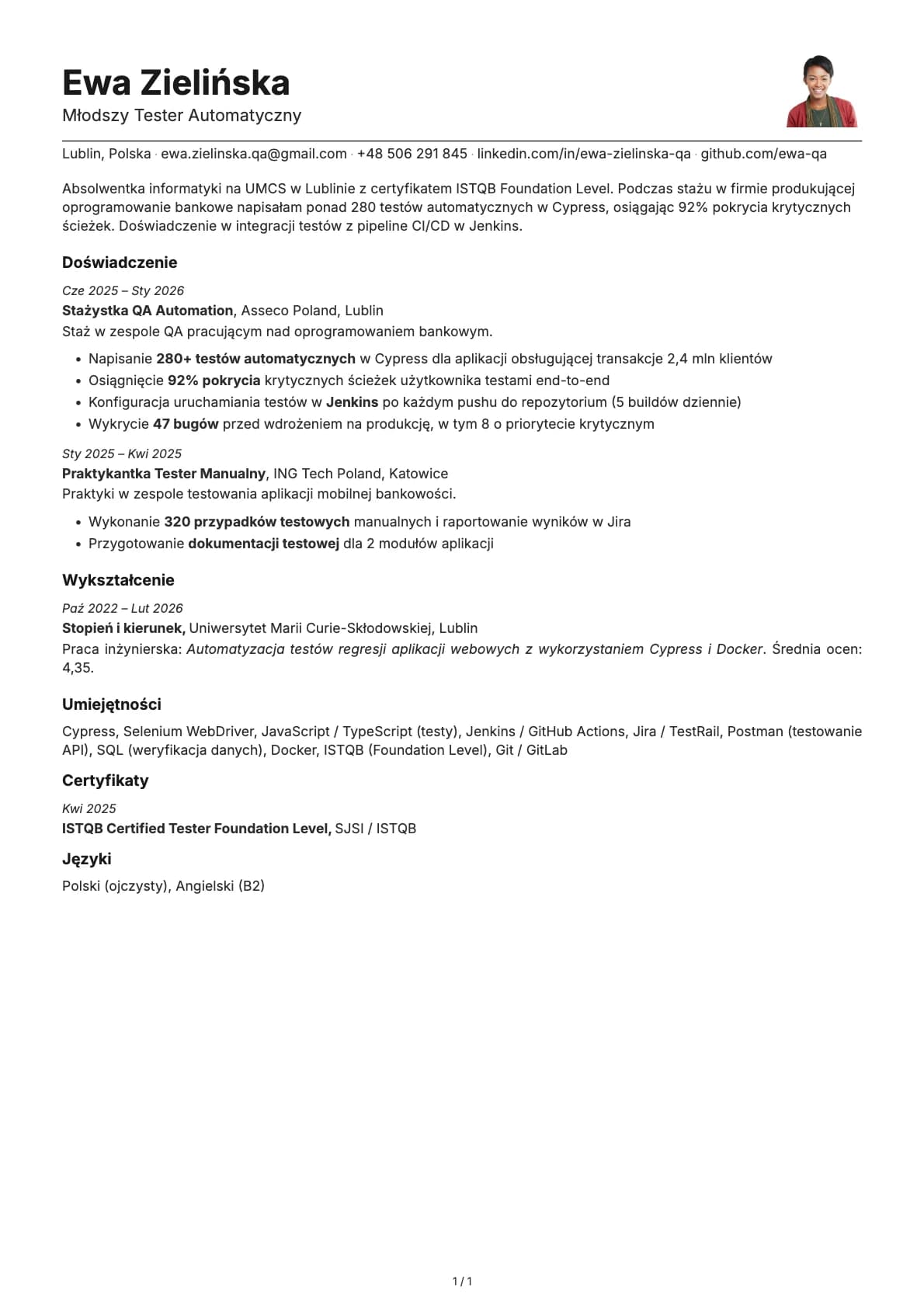 Mlodszy Tester Automatyczny resume example