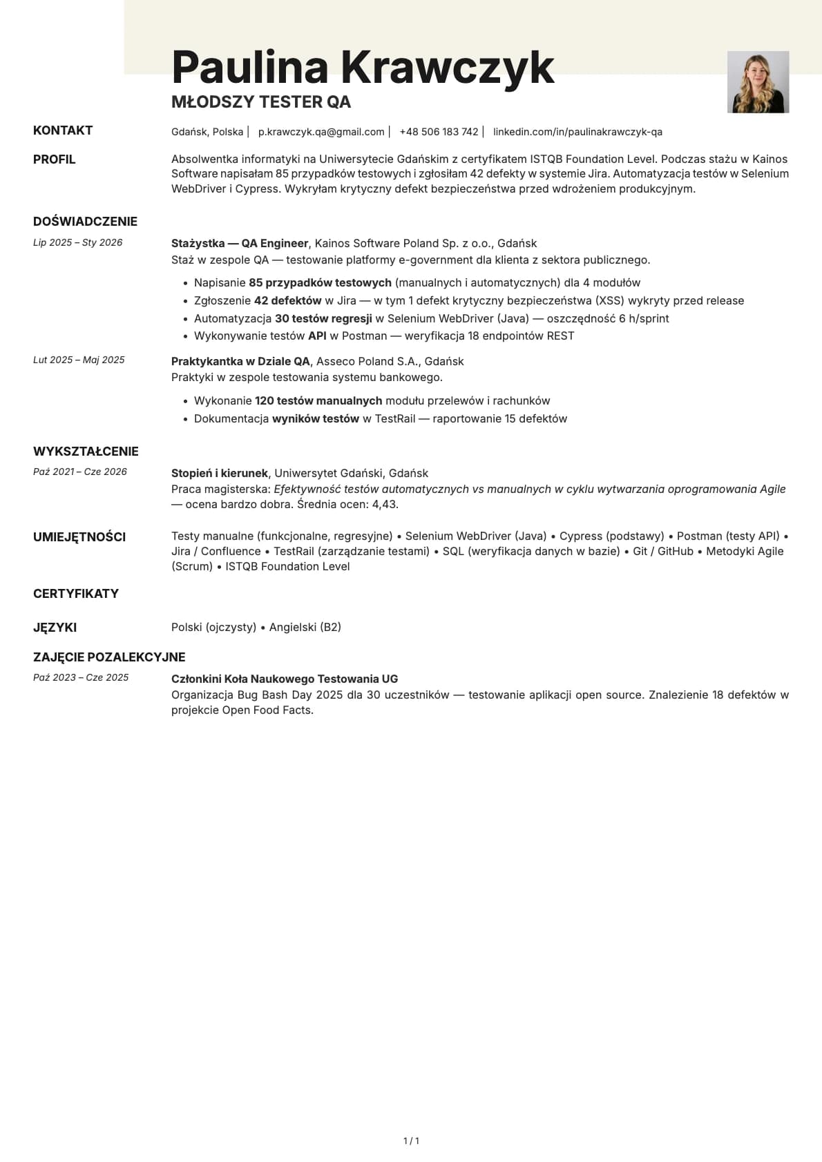 Mlodszy Tester QA resume example