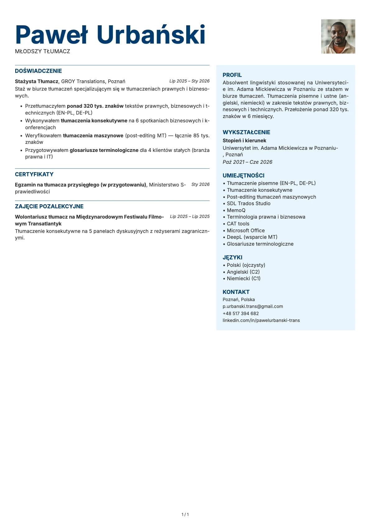 Mlodszy Tlumacz resume example