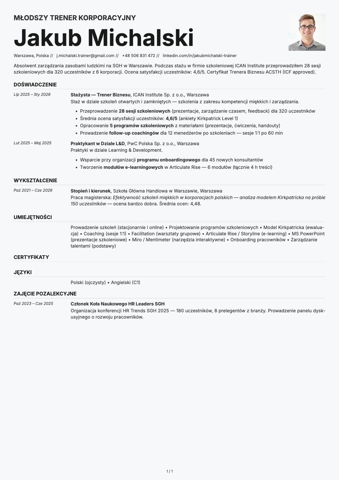 Mlodszy Trener Korporacyjny resume example