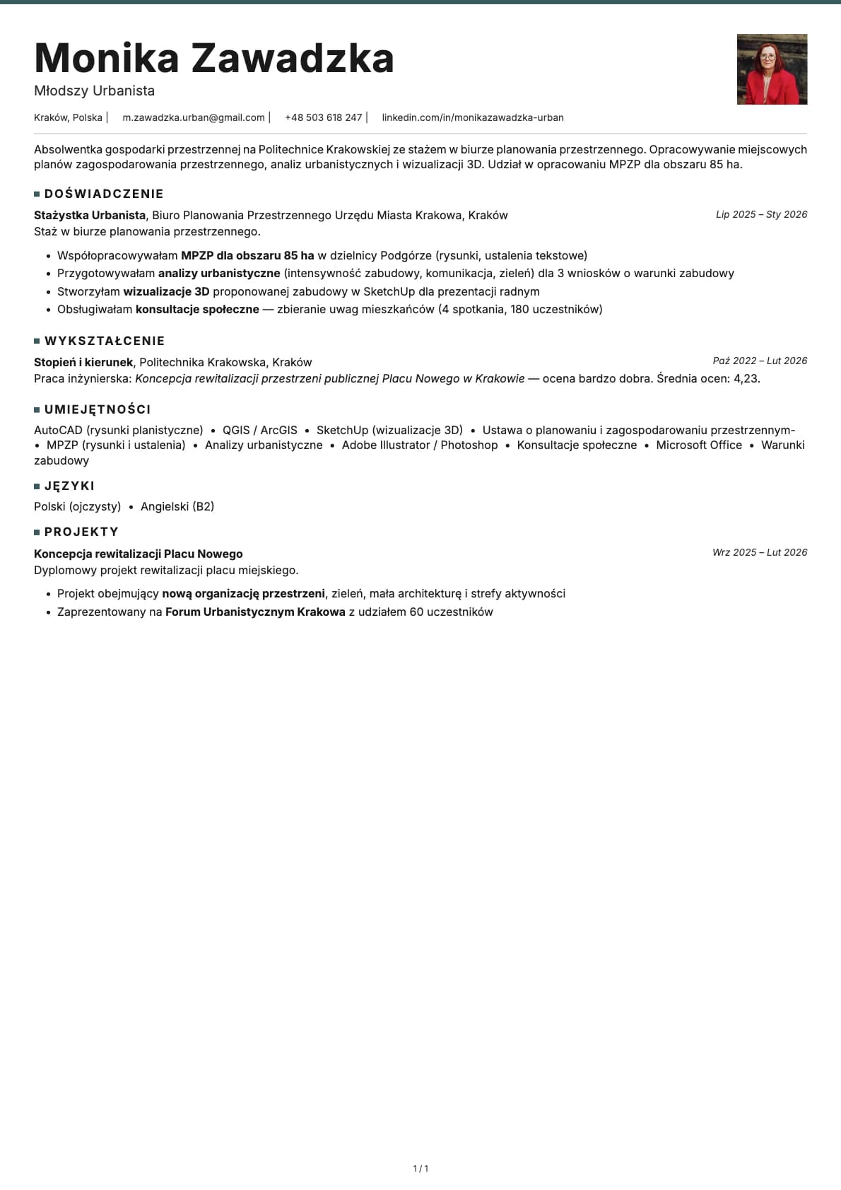 Mlodszy Urbanista resume example